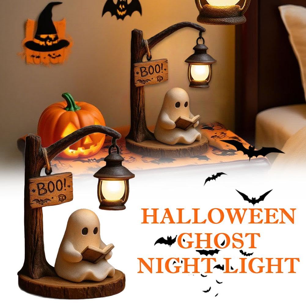Cute Ghost Reading Lantern– 3D Resin Halloween Night Light with Cozy LED Glow for Desk & Home Décor