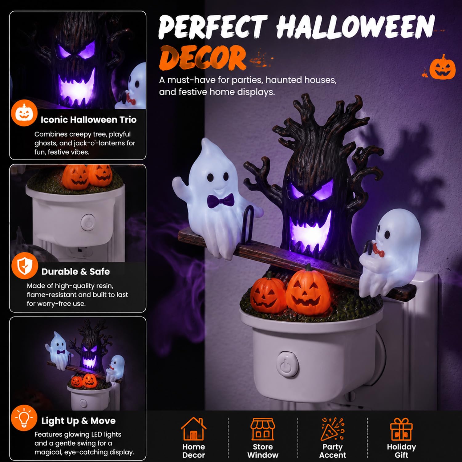 Animated Ghost Seesaw Halloween Night Light – Plug-In LED Wall Decor with Haunted Tree & Pumpkin Design