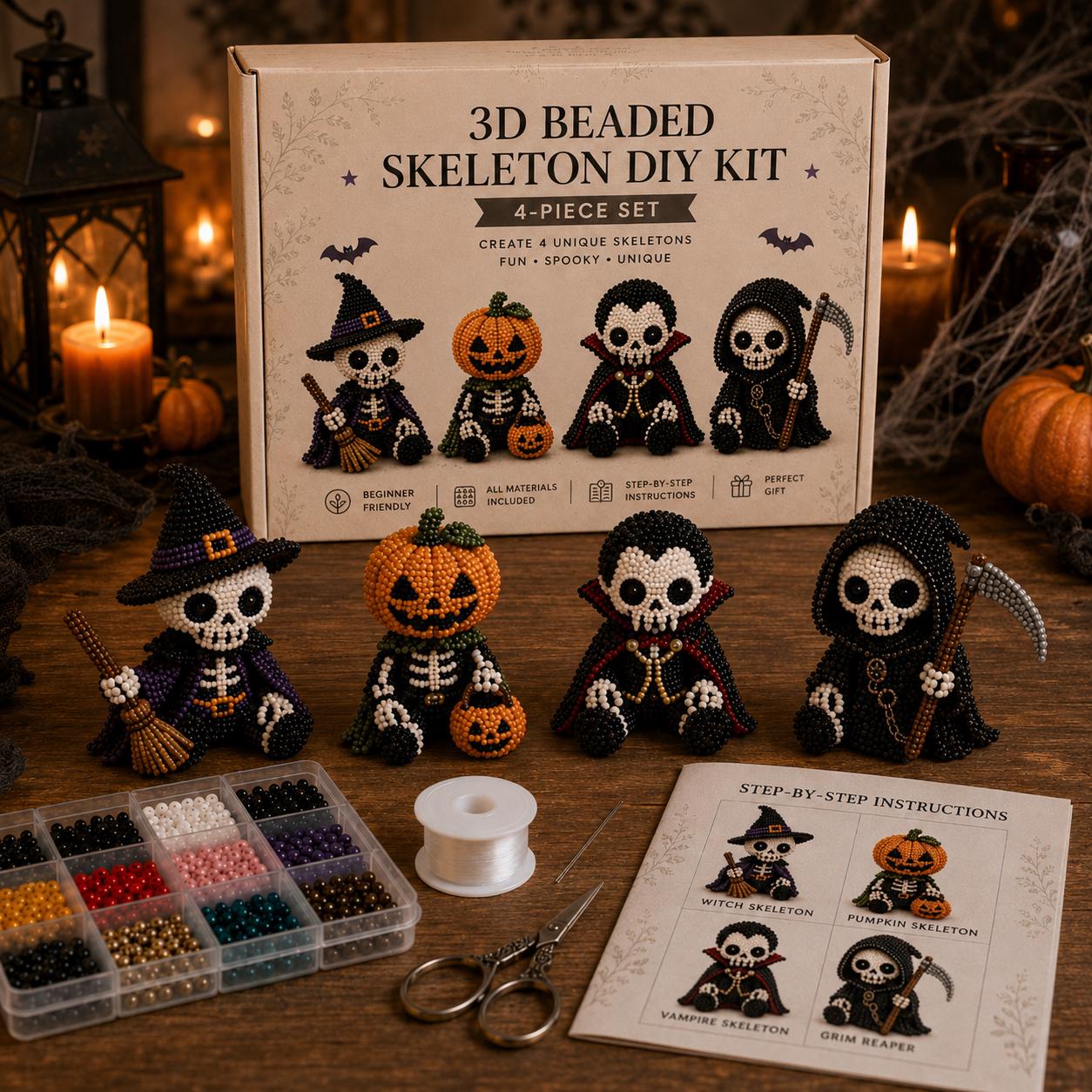 3D Beaded Skeleton DIY Kit – Halloween Craft Set with 4-Piece Spooky Figurines for Adults & Beginners