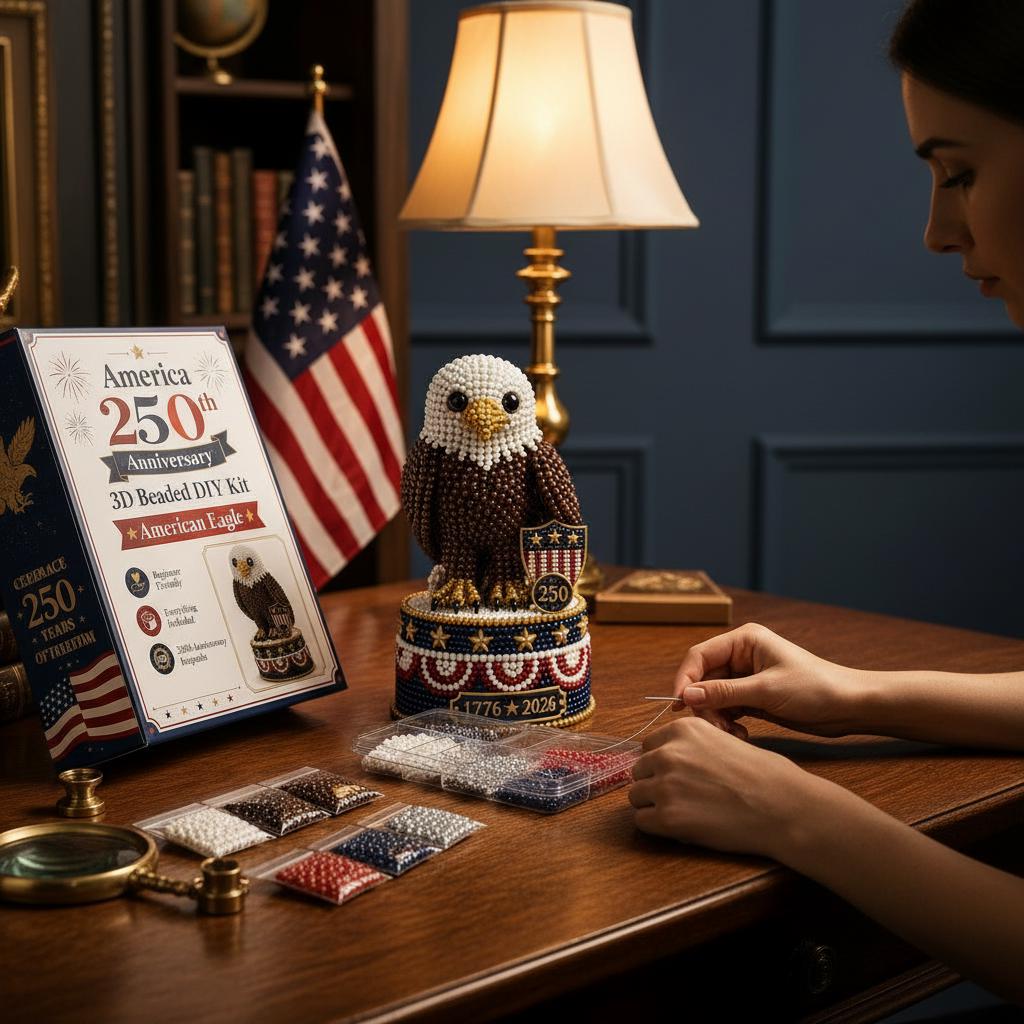 3D Beaded Eagle DIY Craft Kit – Patriotic Acrylic Bead Art Model with Display Base for Beginners