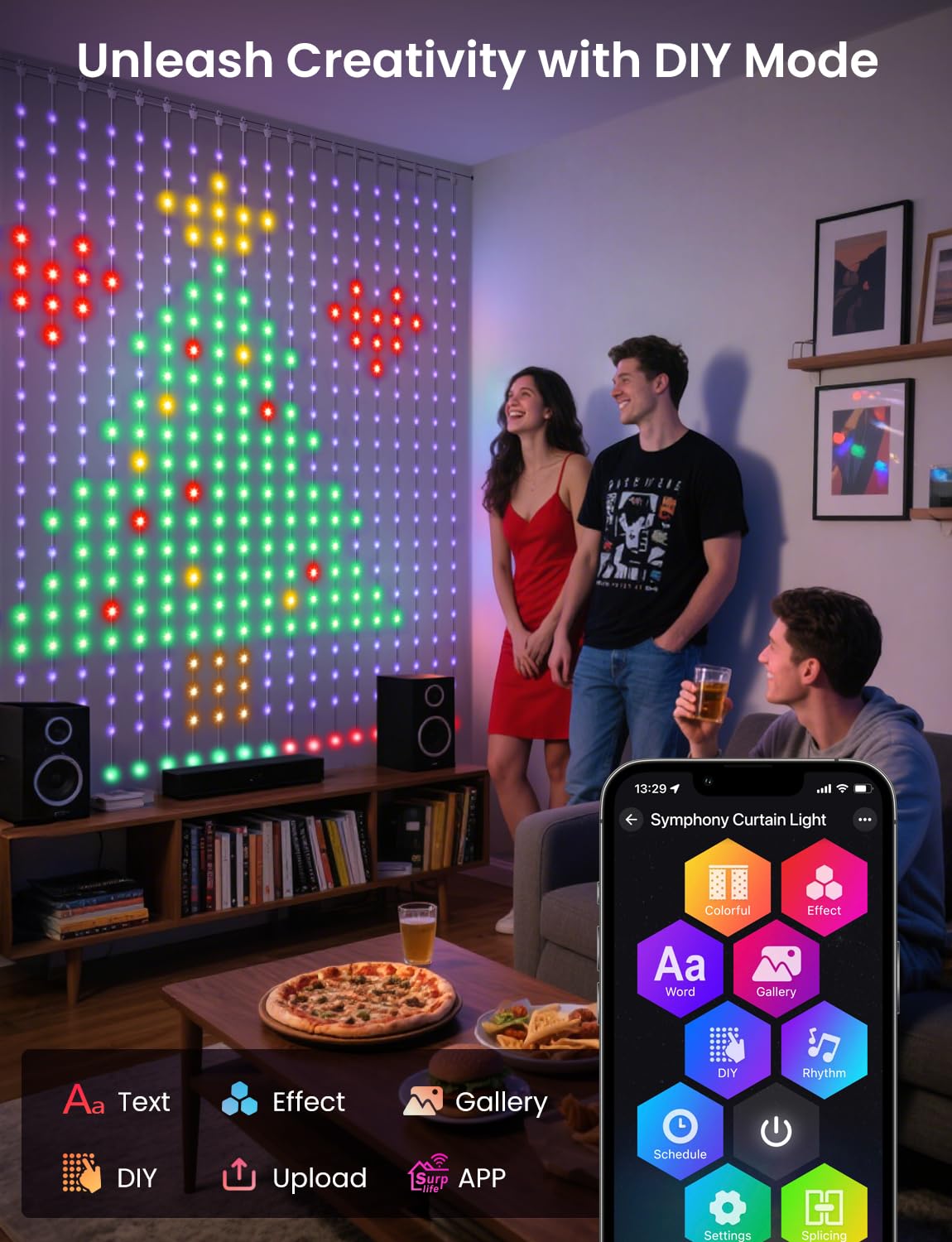 Smart RGB Curtain Lights – DIY Color-Changing LED Wall Decor with APP & Remote Control