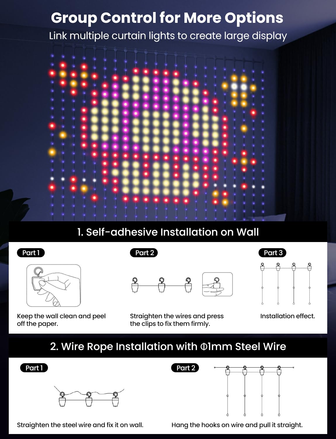 Smart RGB Curtain Lights – DIY Color-Changing LED Wall Decor with APP & Remote Control