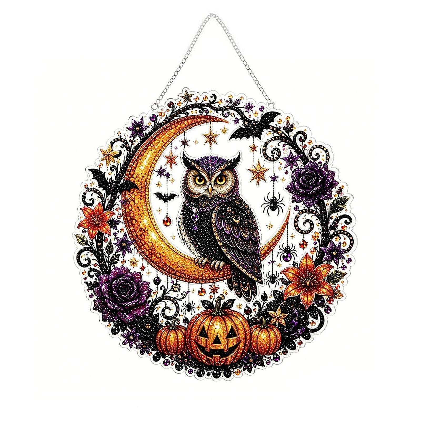 Halloween Witch Moon Diamond Art Hanging Ornament Kit – DIY Acrylic Gem Painting Pendant for Fall Home Decor & Spooky Season Crafts
