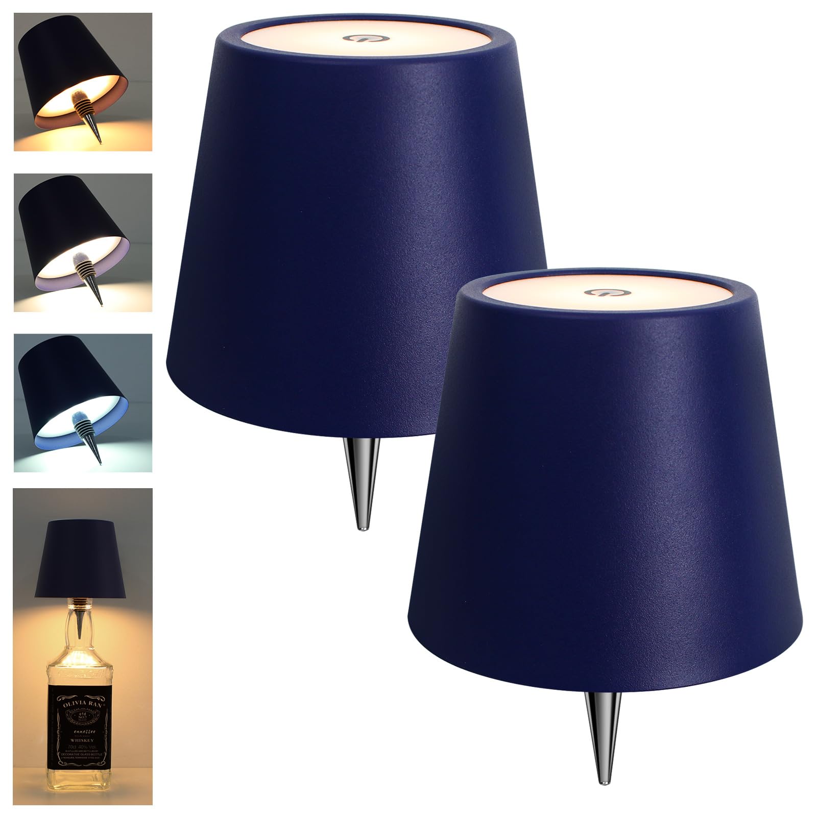 Rechargeable Wine Bottle Lamps – 3-Color Touch Dimmable Wireless Lights, 2-Pack