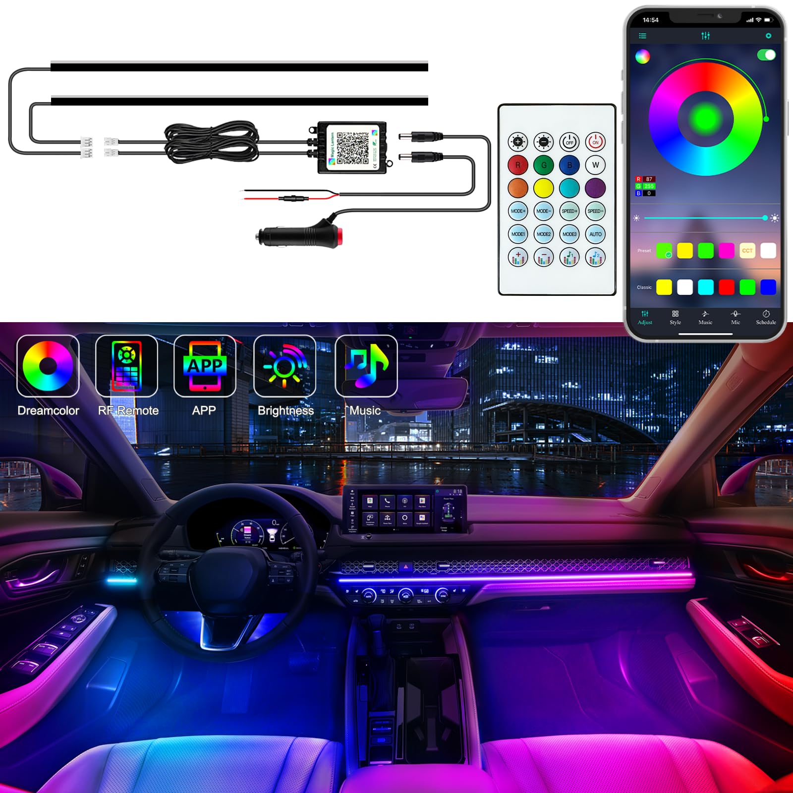 10-in-1 RGB Car Ambient Light Kit – Dreamcolor Acrylic Interior LED Strips