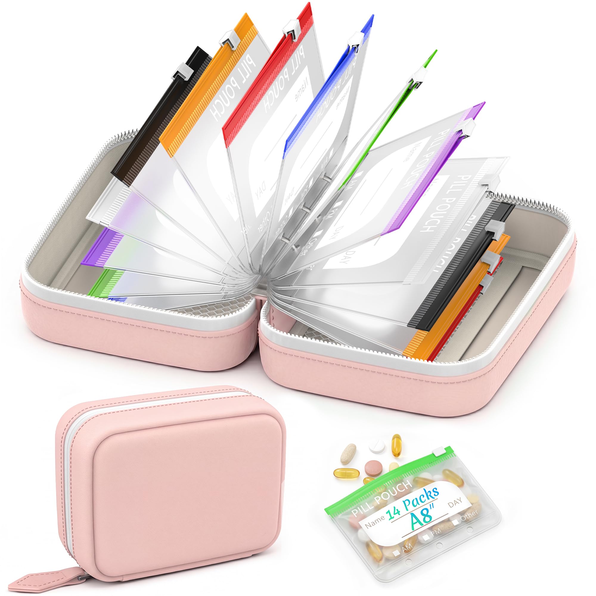 A8 Waterproof Travel Pill Pouch Set – 14 Color Reusable Weekly Medicine Organizer