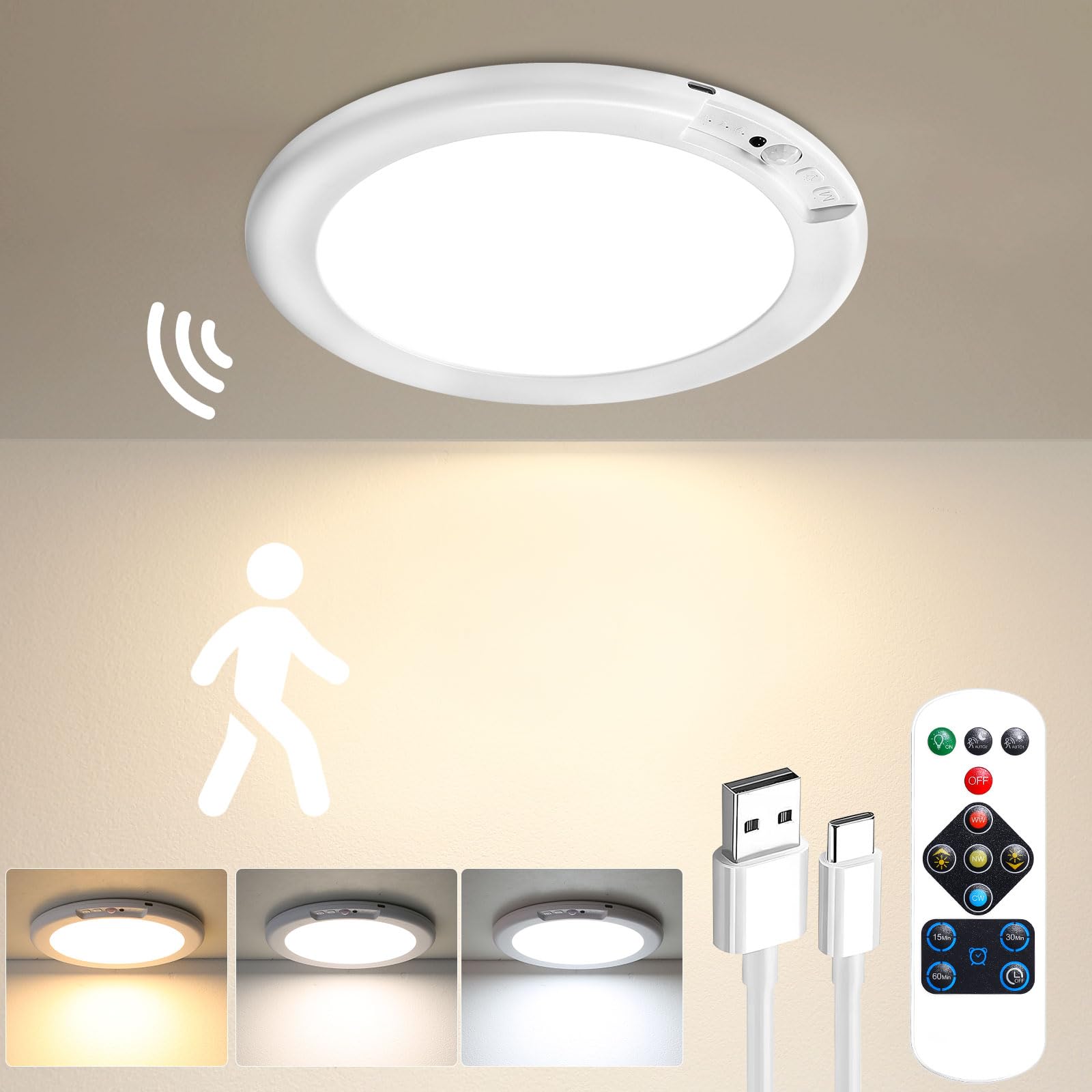 Rechargeable Motion Sensor Ceiling Light with Remote – Magnetic Wireless LED Light for Closets, Showers, Stairs, Hallways & Sheds