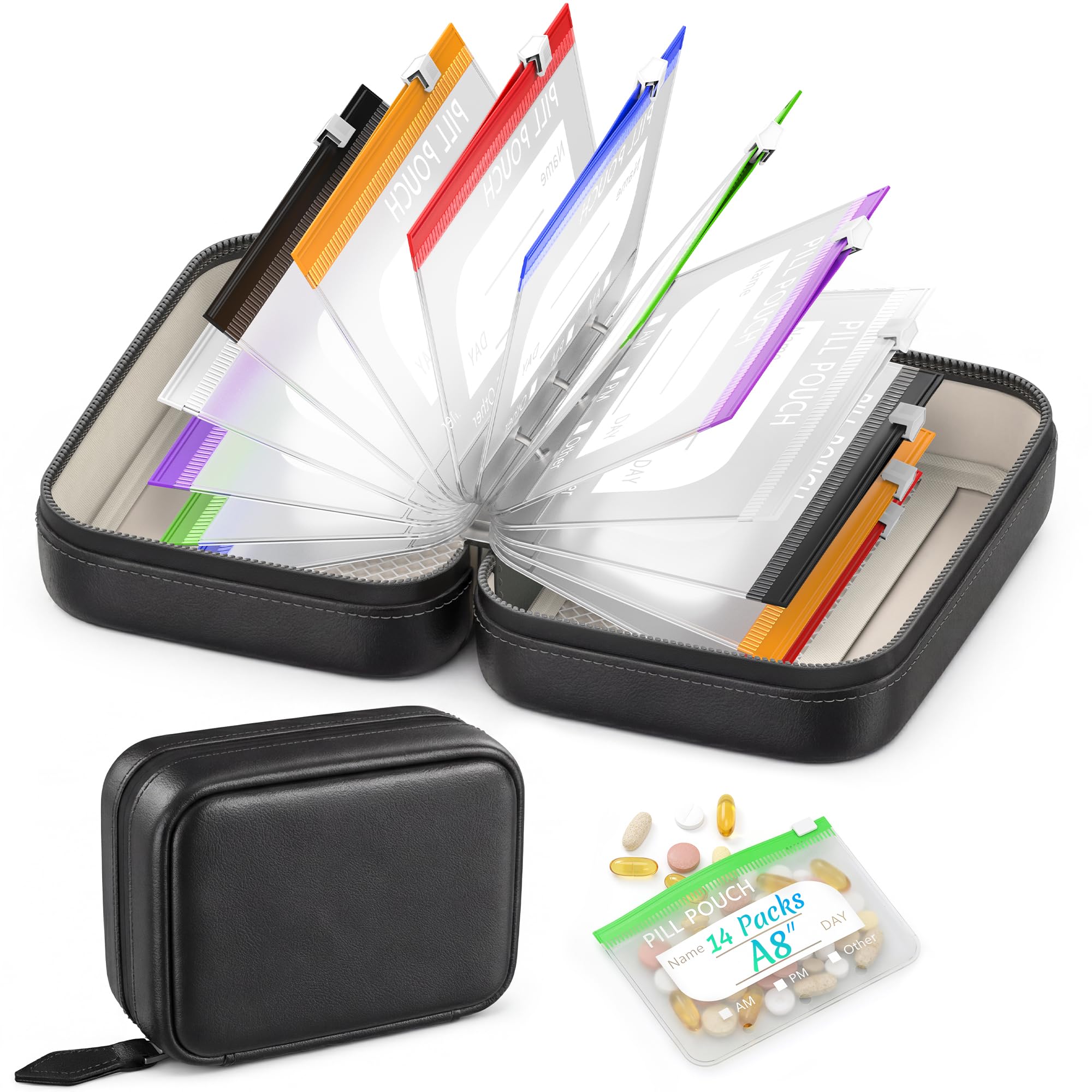 A8 Waterproof Travel Pill Pouch Set – 14 Color Reusable Weekly Medicine Organizer