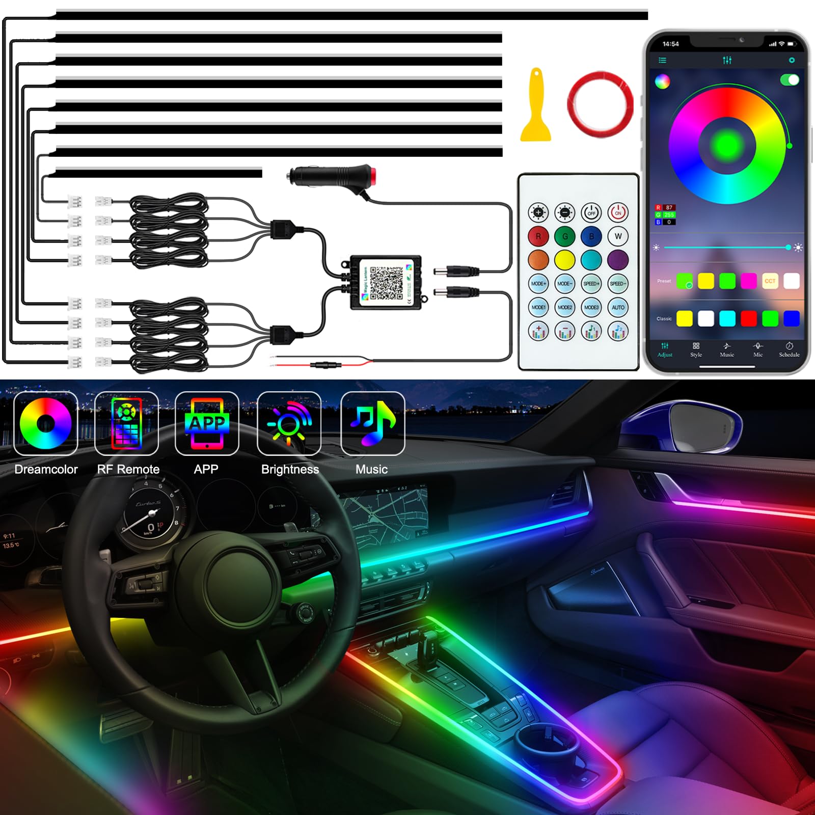 10-in-1 RGB Car Ambient Light Kit – Dreamcolor Acrylic Interior LED Strips
