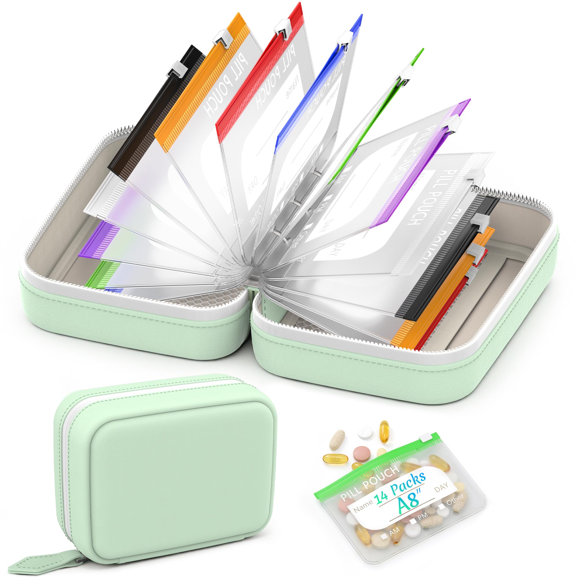 A8 Waterproof Travel Pill Pouch Set – 14 Color Reusable Weekly Medicine Organizer
