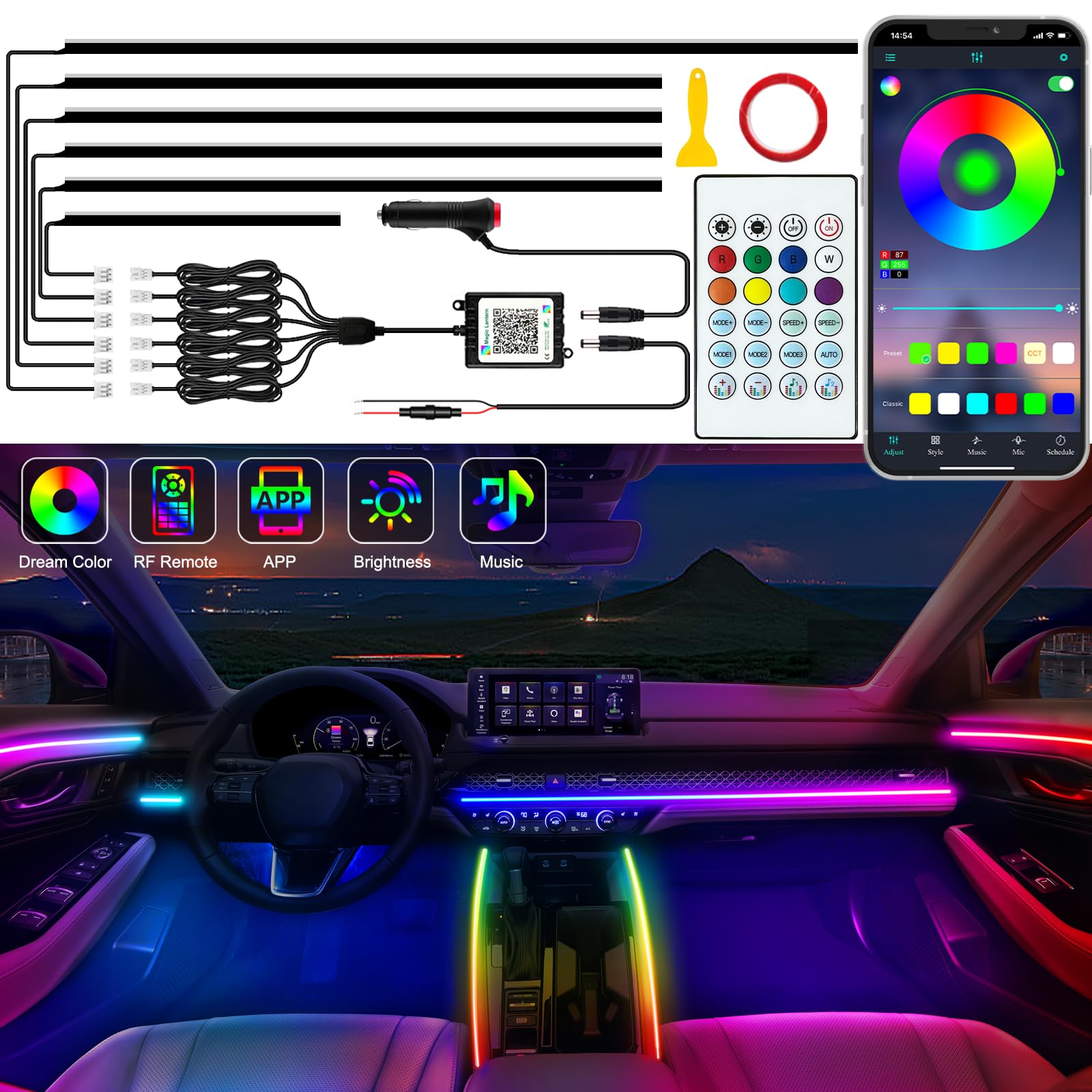 10-in-1 RGB Car Ambient Light Kit – Dreamcolor Acrylic Interior LED Strips