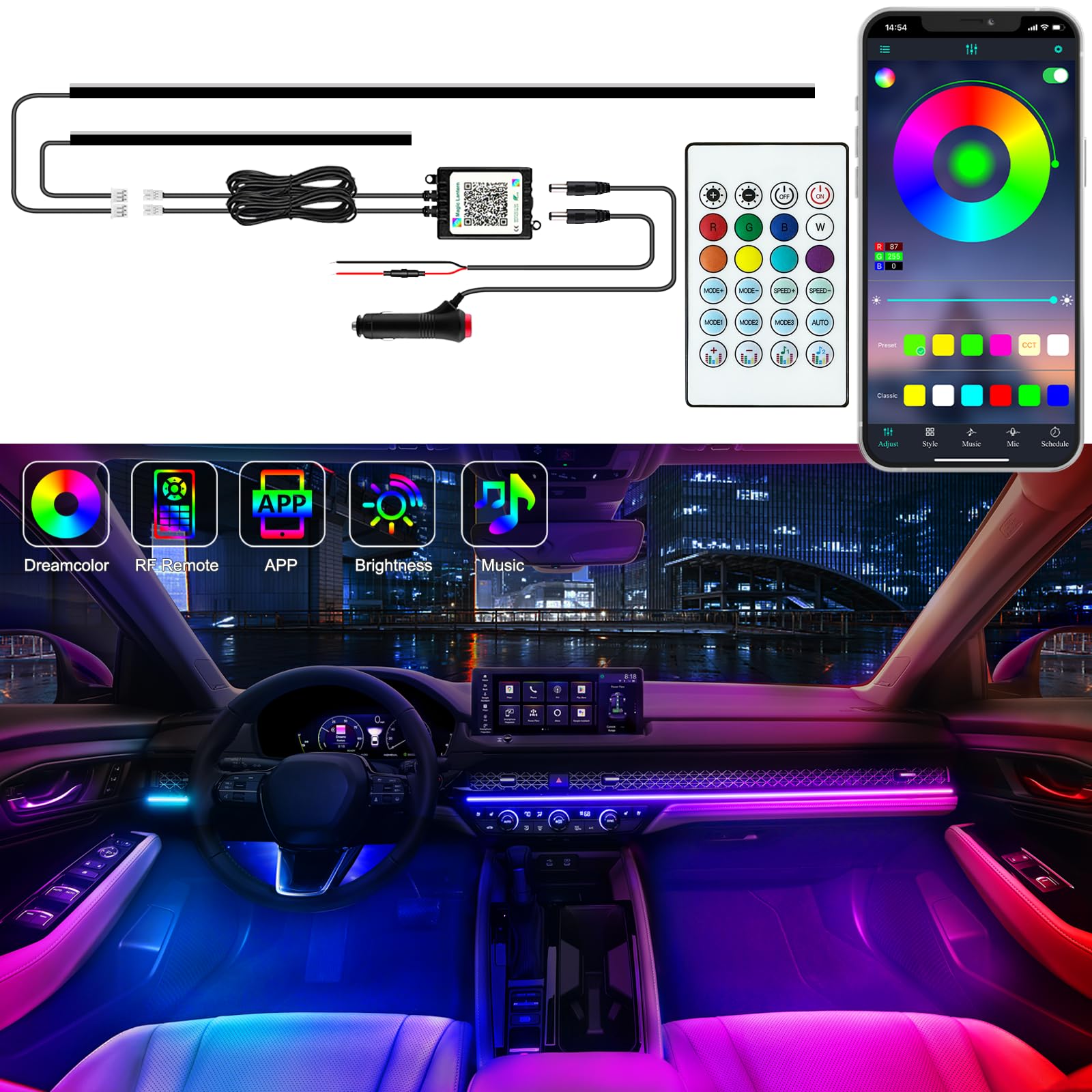 10-in-1 RGB Car Ambient Light Kit – Dreamcolor Acrylic Interior LED Strips