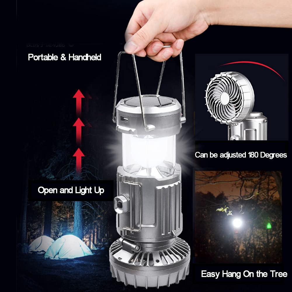Solar Camping Lanterns with Fan – Rechargeable Emergency Tent Lights with 3 Power Sources for Camping, Power Outages & Outdoor Adventures