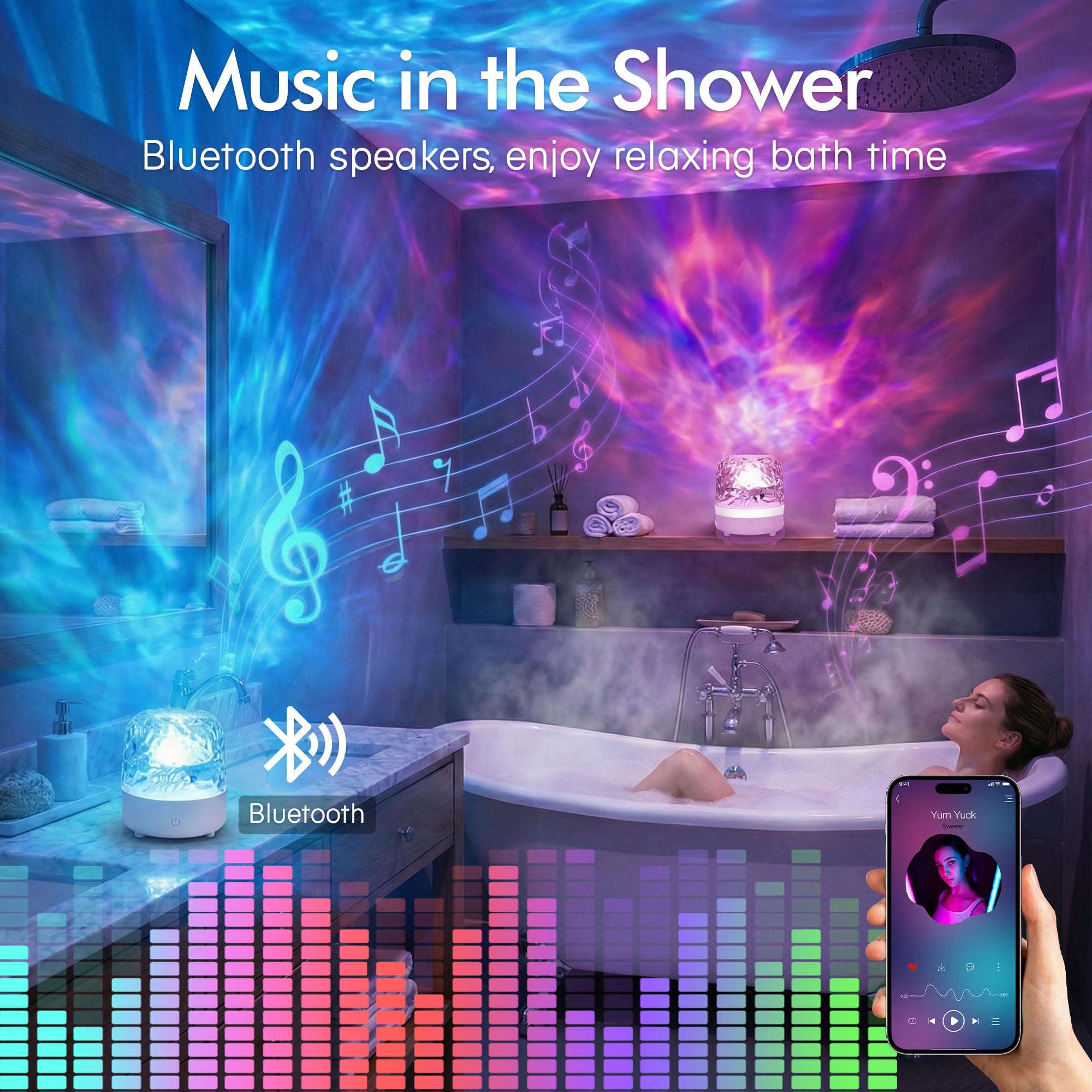 Waterproof Bluetooth Shower Lamp – 16-Color Ocean Wave LED Projector with Remote