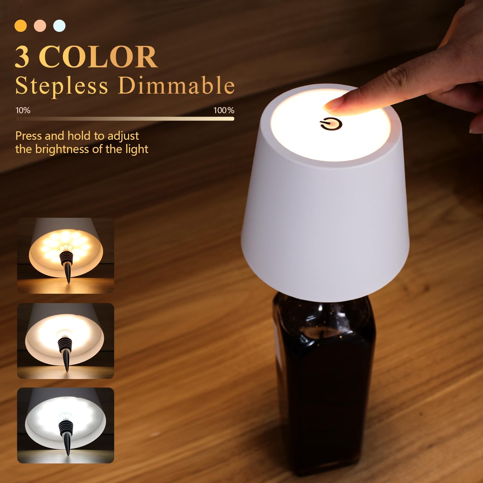 Rechargeable Wine Bottle Lamps – 3-Color Touch Dimmable Wireless Lights, 2-Pack