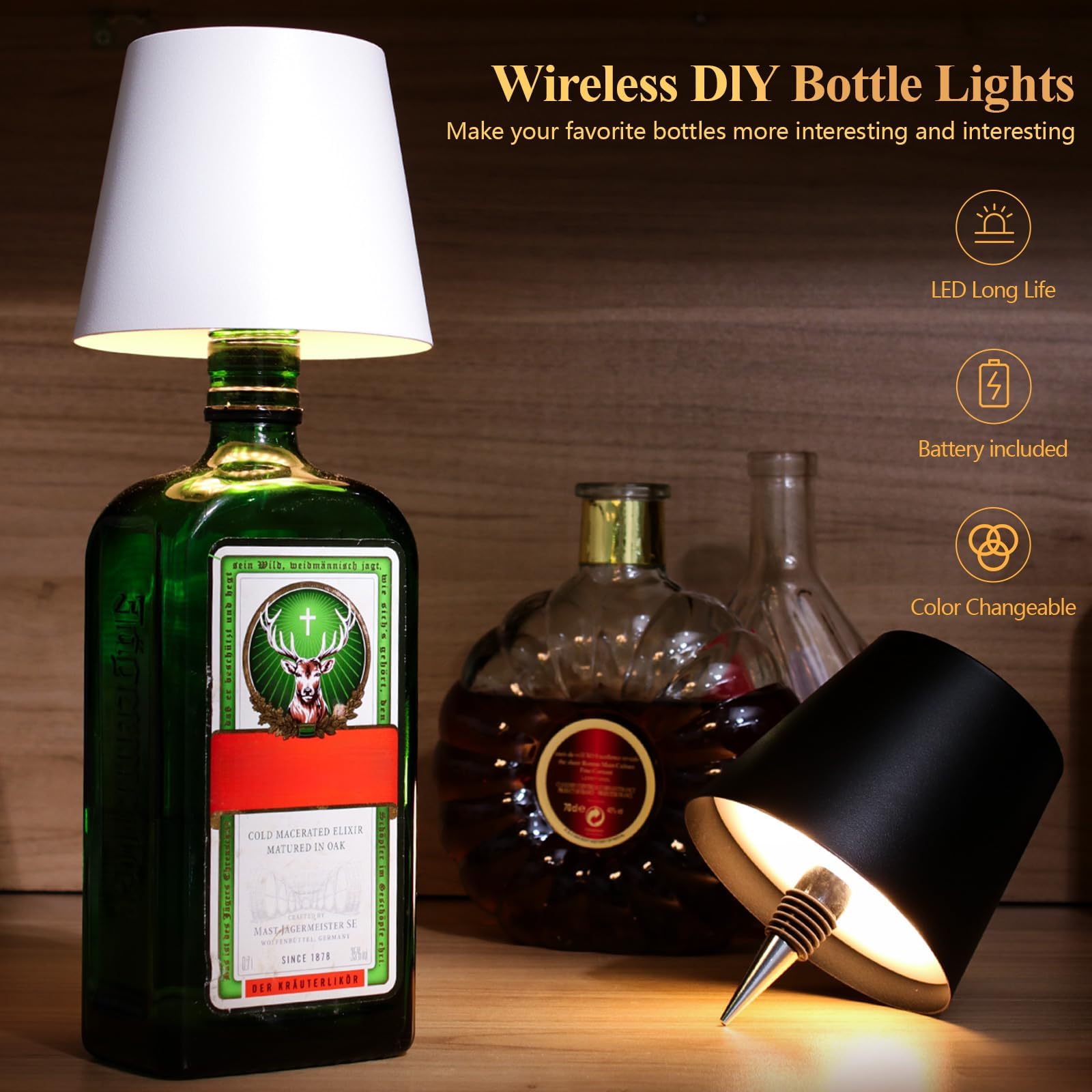 Rechargeable Wine Bottle Lamps – 3-Color Touch Dimmable Wireless Lights, 2-Pack