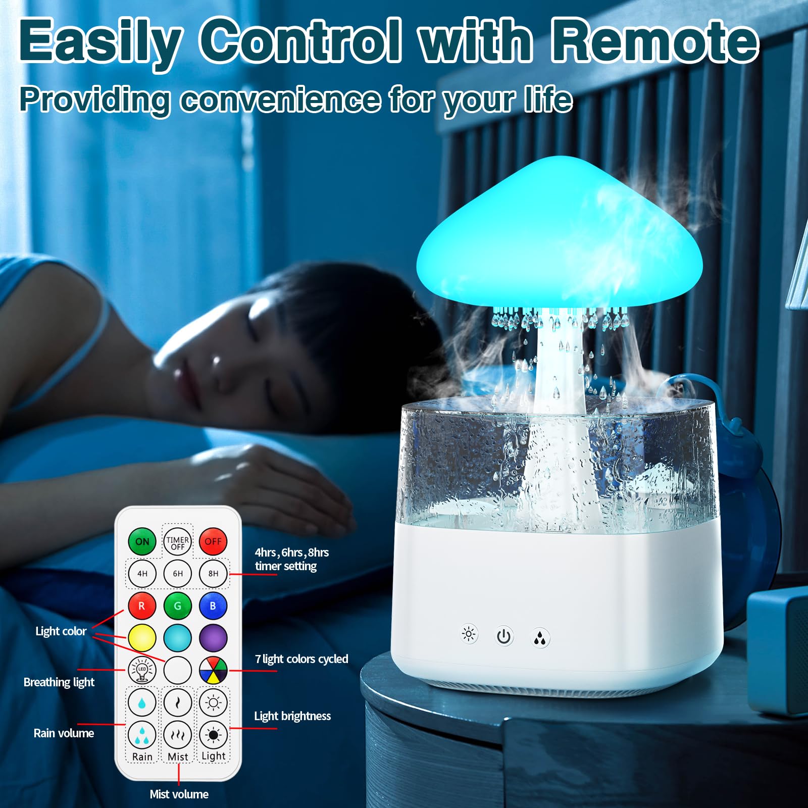 Rain Cloud Humidifier – Bedroom Aromatherapy Diffuser with Remote, LED Night Light & Soothing Raindrop Sounds