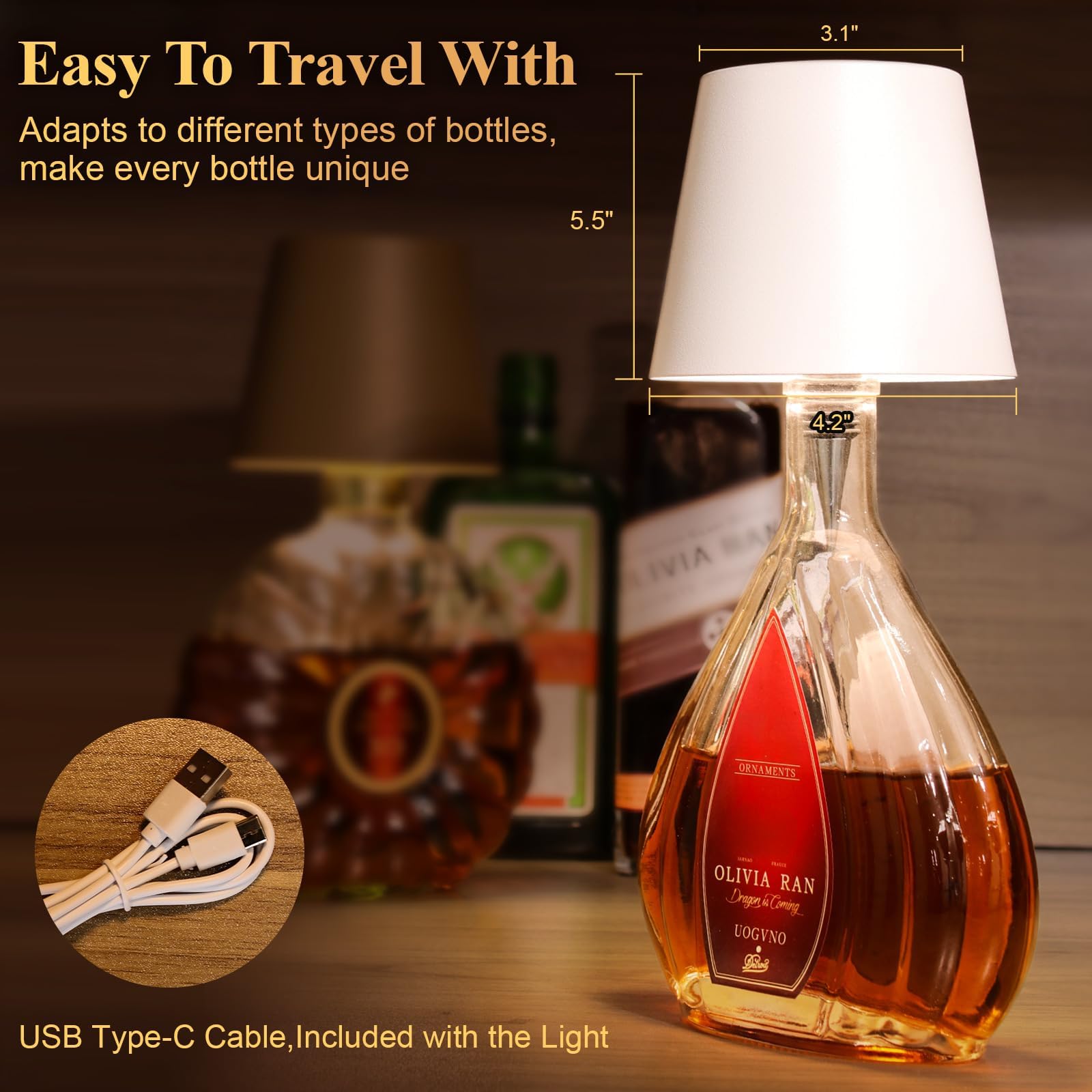Rechargeable Wine Bottle Lamps – 3-Color Touch Dimmable Wireless Lights, 2-Pack