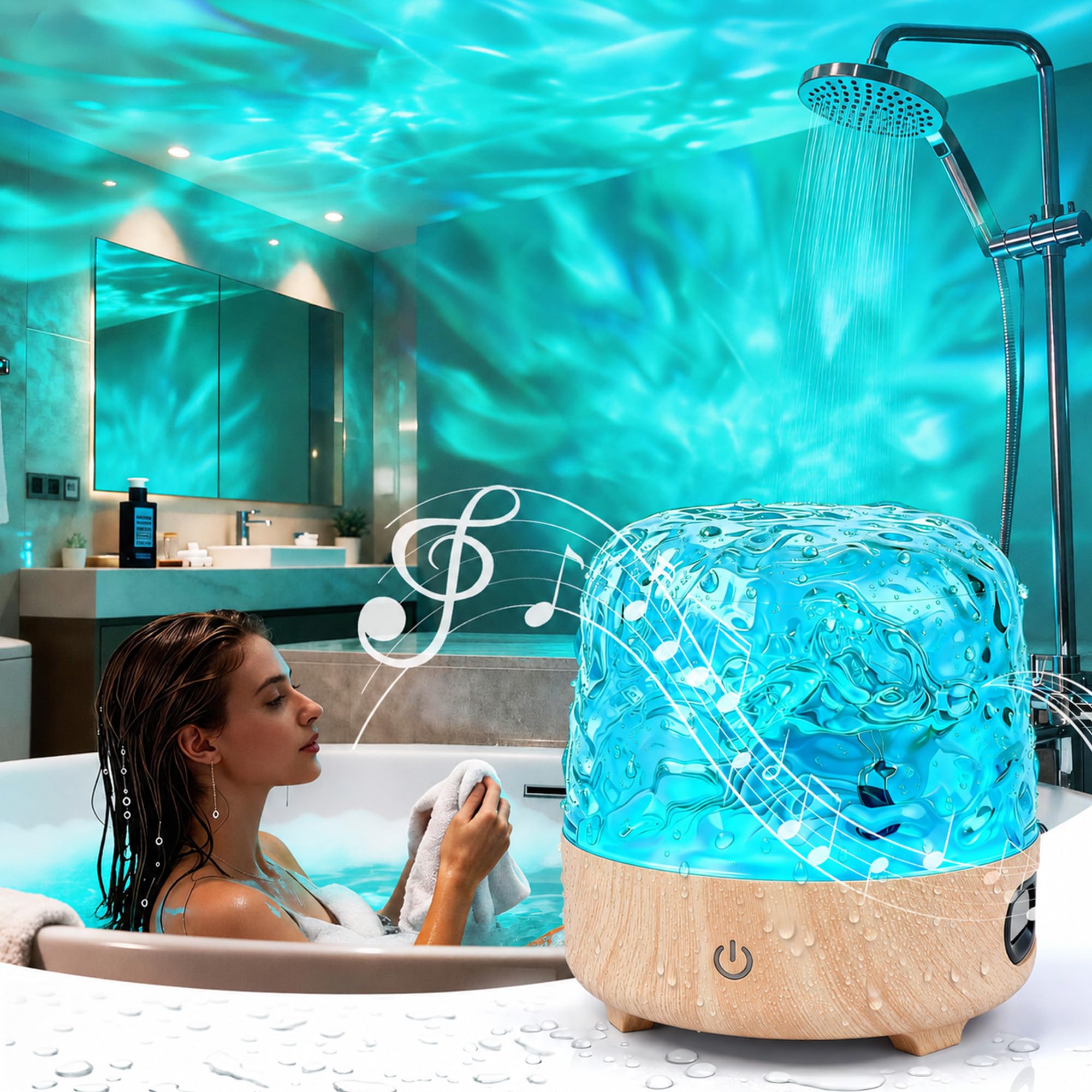 Waterproof Bluetooth Shower Lamp – 16-Color Ocean Wave LED Projector with Remote