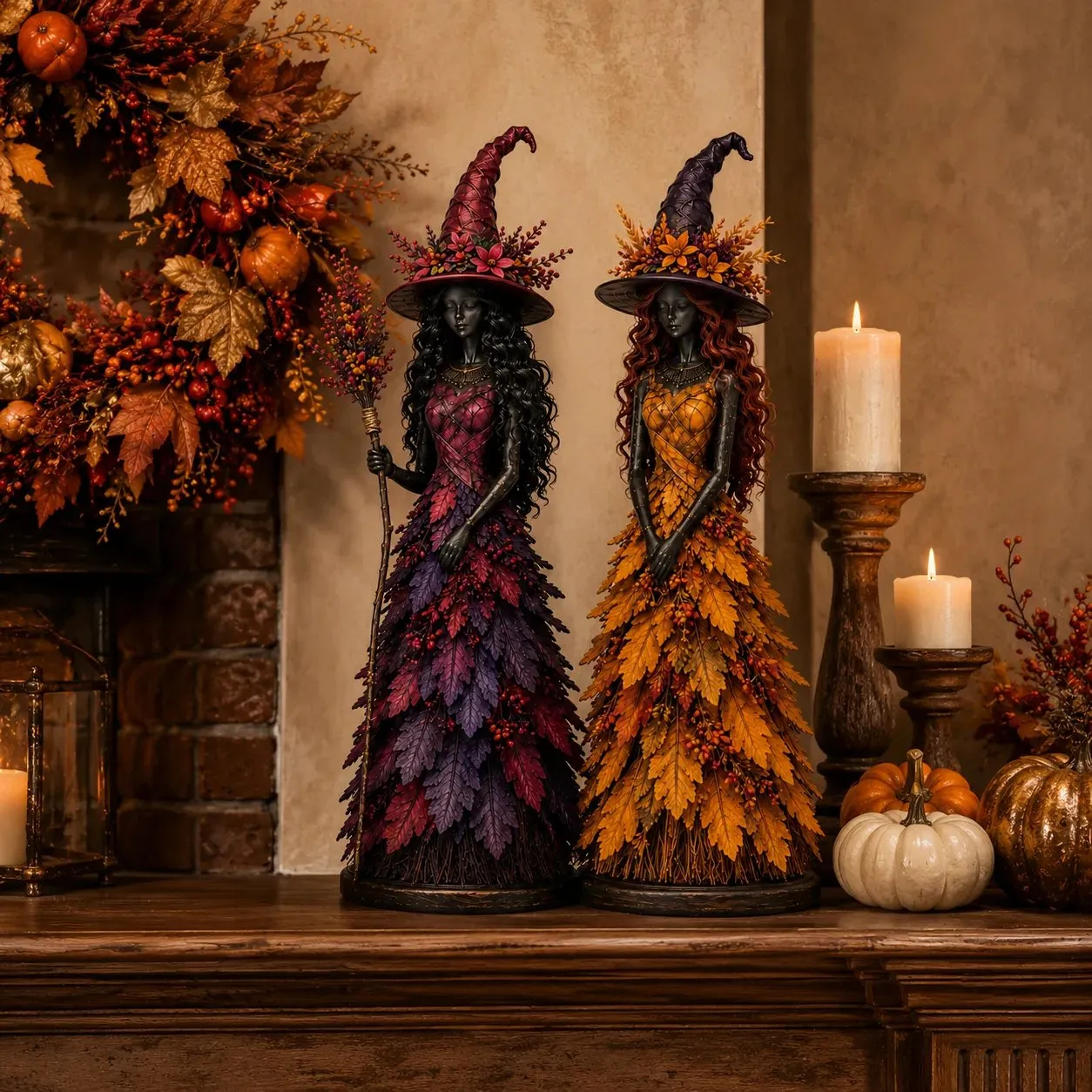 Enchanted Autumn Witch Figurine – Magical Halloween Witch Decoration with Cozy Fall Details