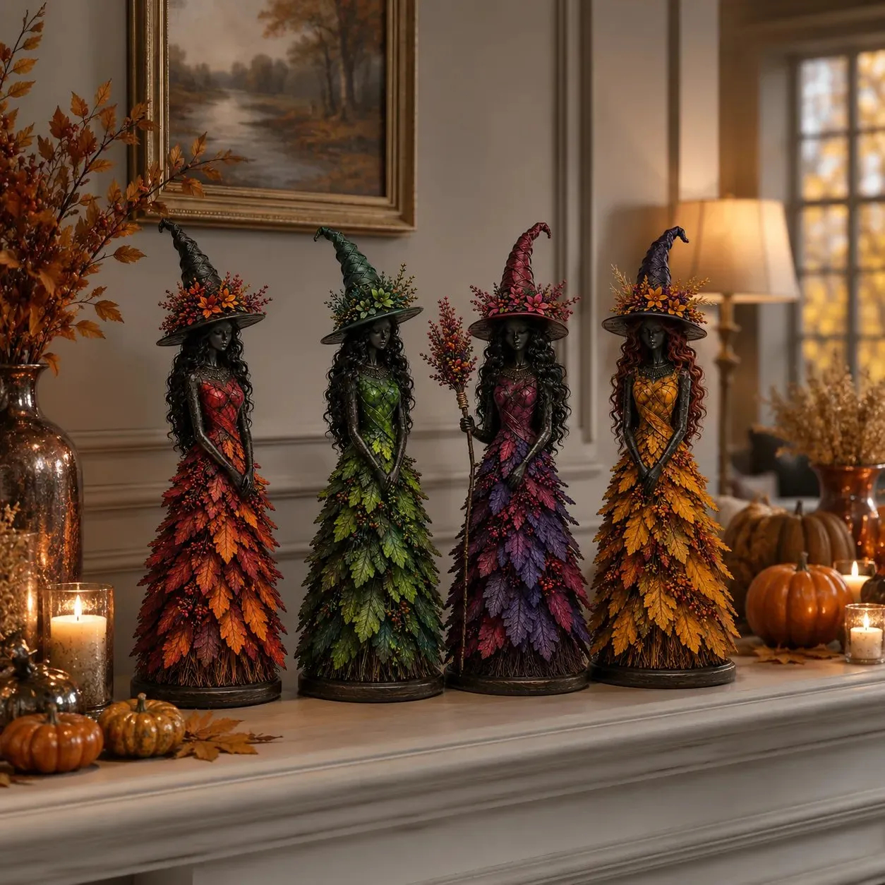 Enchanted Autumn Witch Figurine – Magical Halloween Witch Decoration with Cozy Fall Details