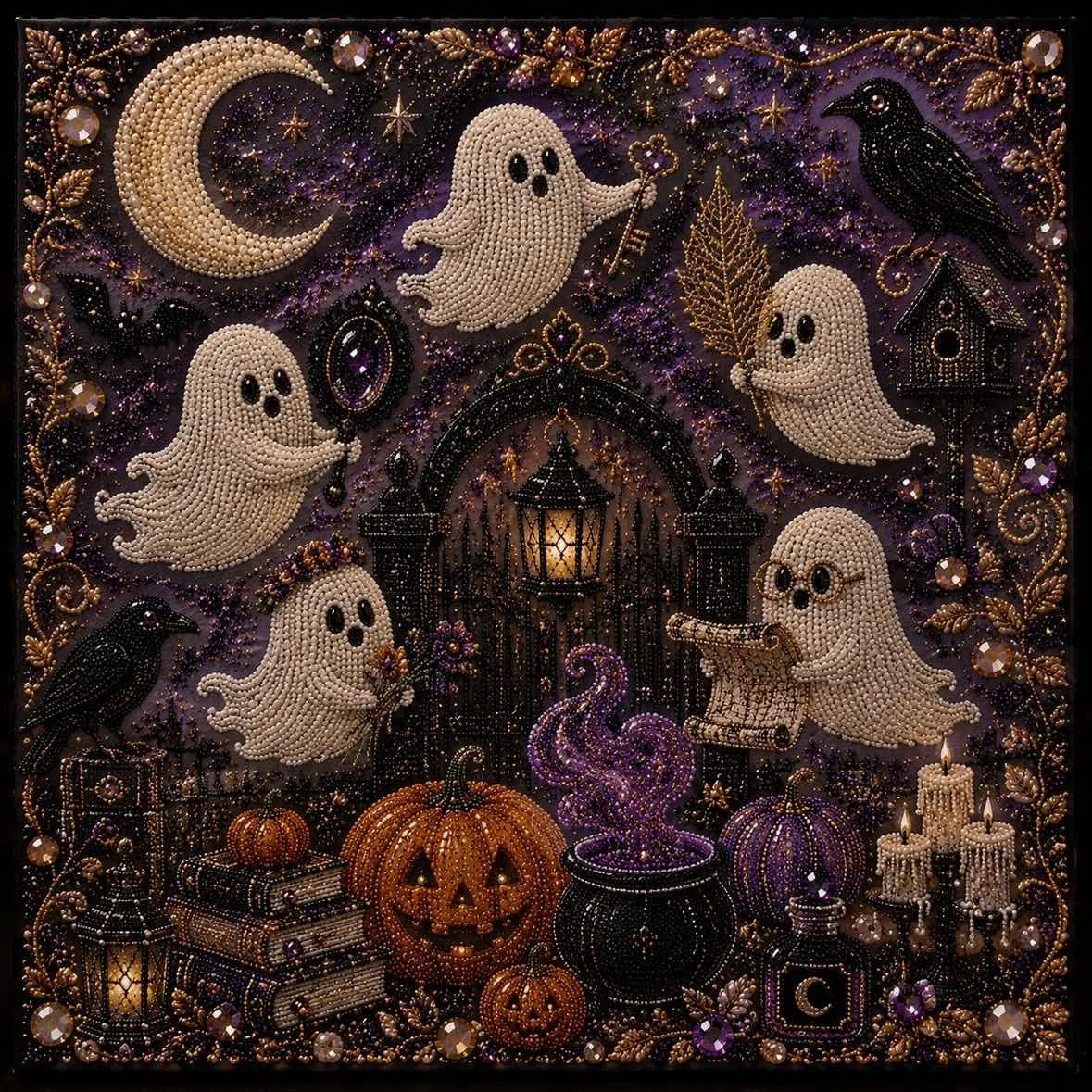 Cute Ghosts & Pumpkins 3D Pearl Mosaic Art Kit  – Relaxing Beginner-Friendly Halloween DIY Craft