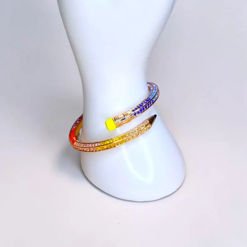 Back To Shcool - Pencil Bangle Bracelet, Teacher Accessory, Colorful Metal Jewelry