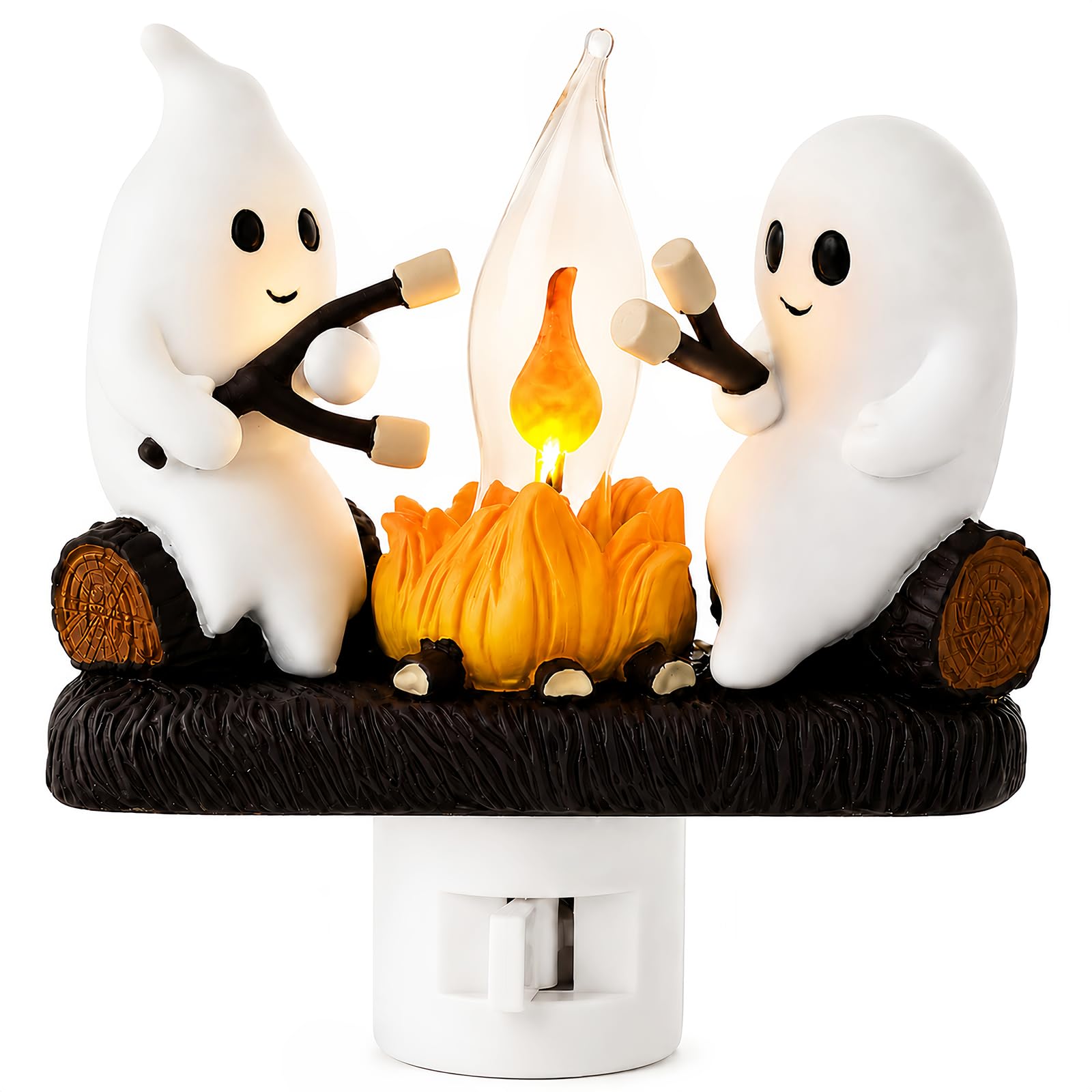 Ghost Campfire Night Light – Cute Halloween Plug-In Wall Lamp with Flickering Flame Effect for Cozy Spooky Home Décor