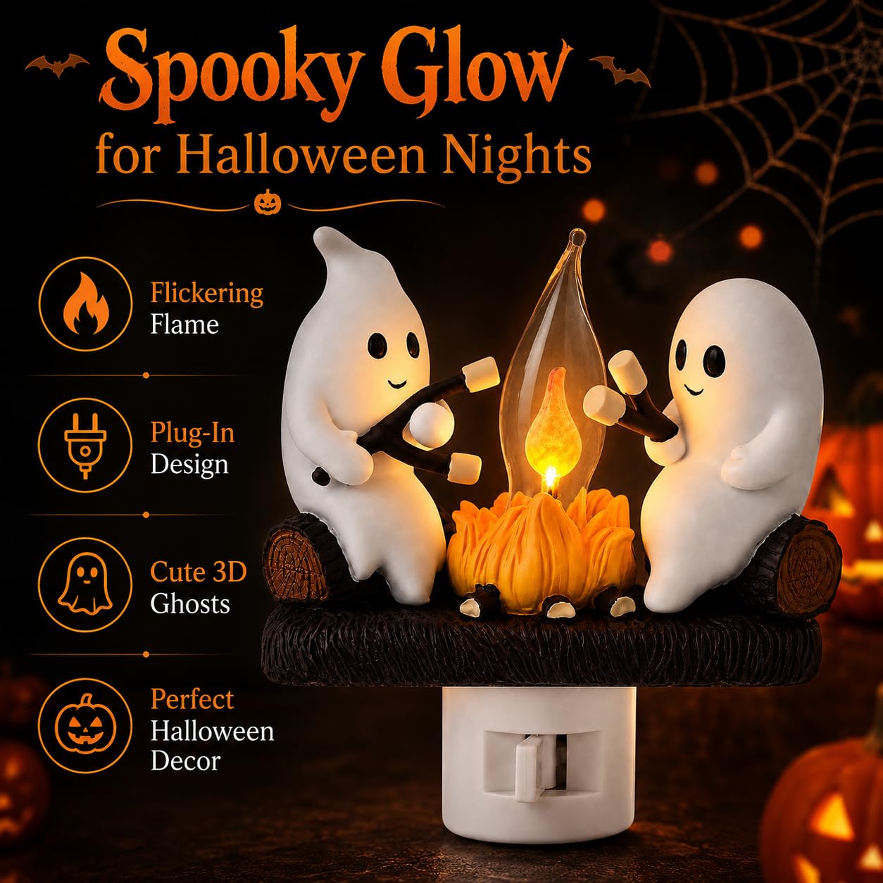 Ghost Campfire Night Light – Cute Halloween Plug-In Wall Lamp with Flickering Flame Effect for Cozy Spooky Home Décor