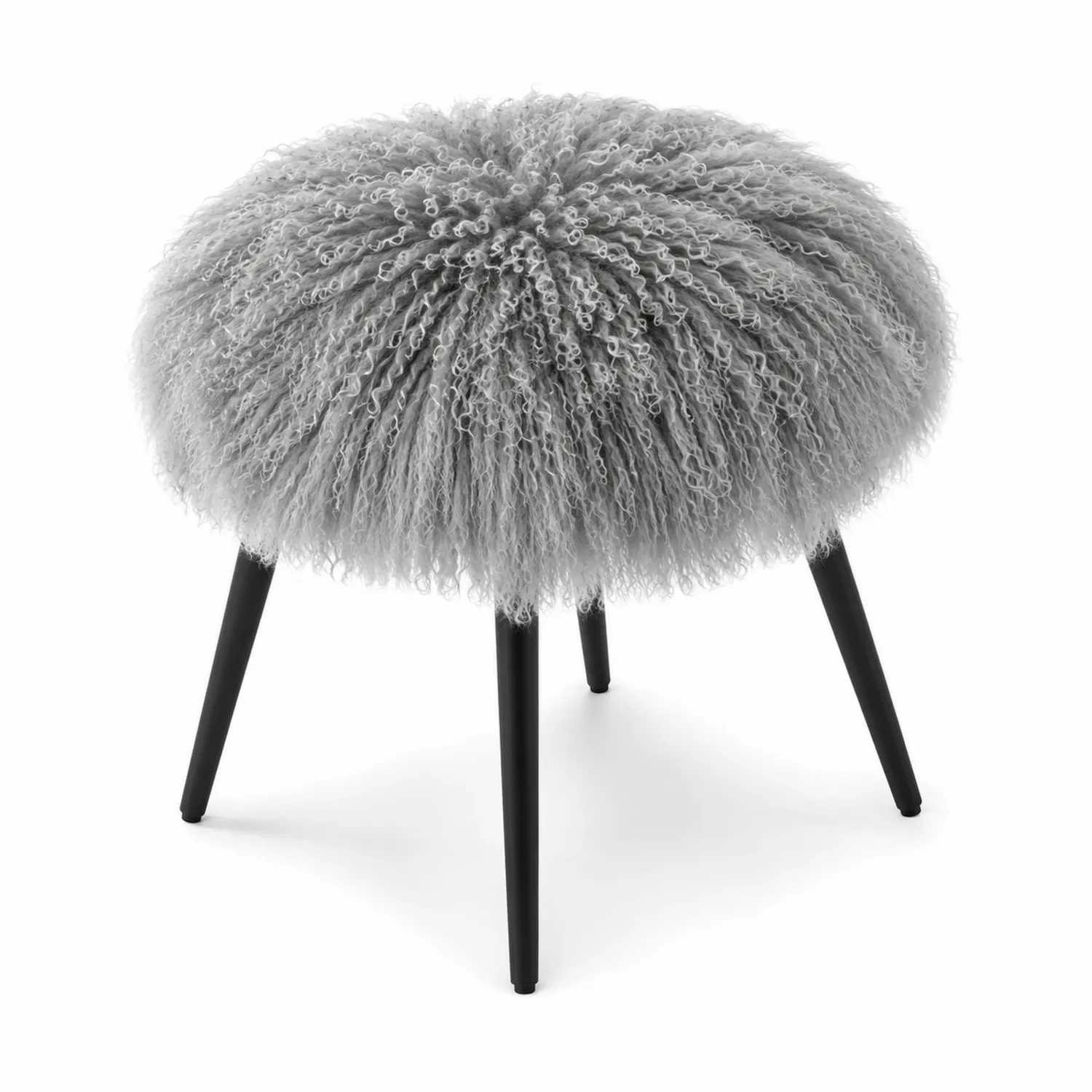 Stołek okrągły z owczym futrem i drewnianymi nogami 45 cm