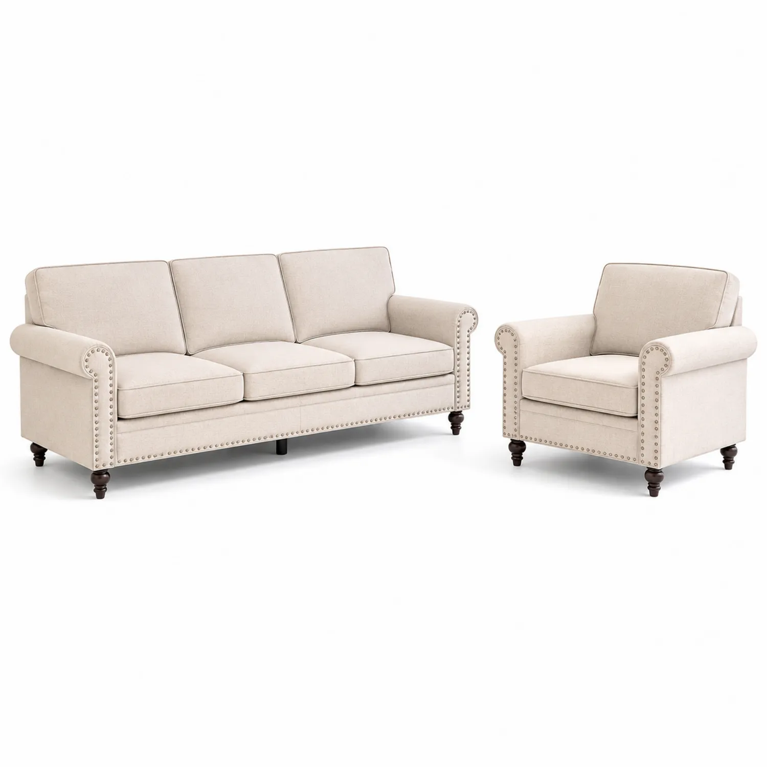 Zestaw Sofa 3-osobowa i Fotel Tapicerowany Tkanina Beżowy