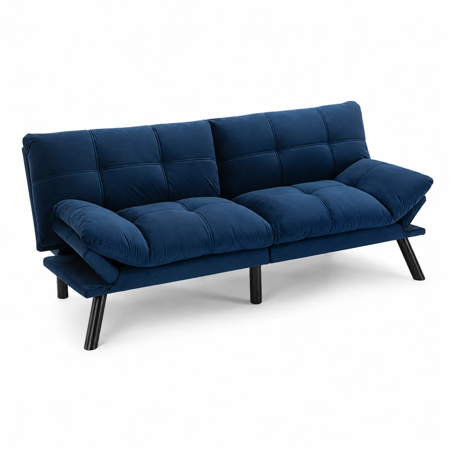 Sofa rozkładana aksamit granatowy z drewnianymi nogami