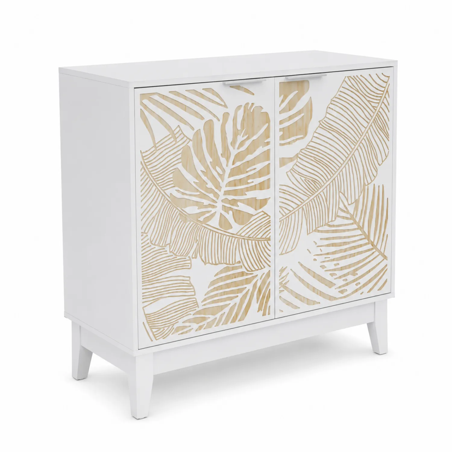 Biały kredens MDF z drewnianym wzorem liści 80x40x90 cm