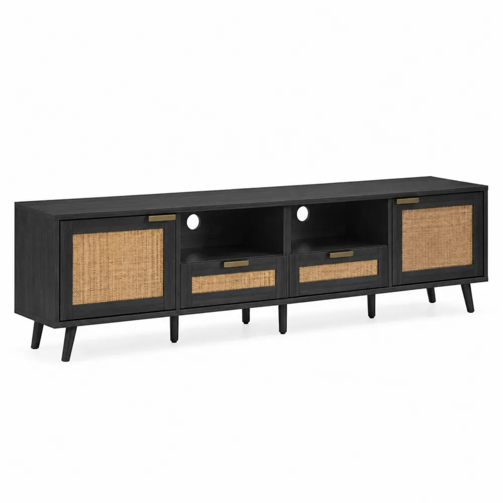 Szafka RTV drewniana czarna z rattanem 160x40x50 cm
