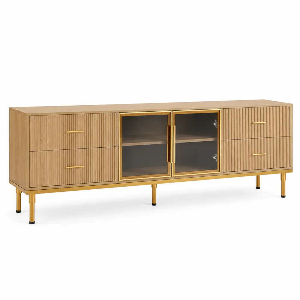 Komoda RTV z drewna jesionowego i metalu ze szklanymi drzwiami, 200x50x70 cm