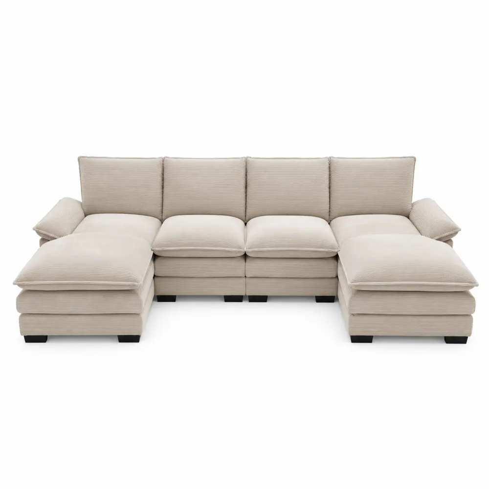 Sofa narożna z tkaniny sztruksowej beżowa z drewnianymi nogami