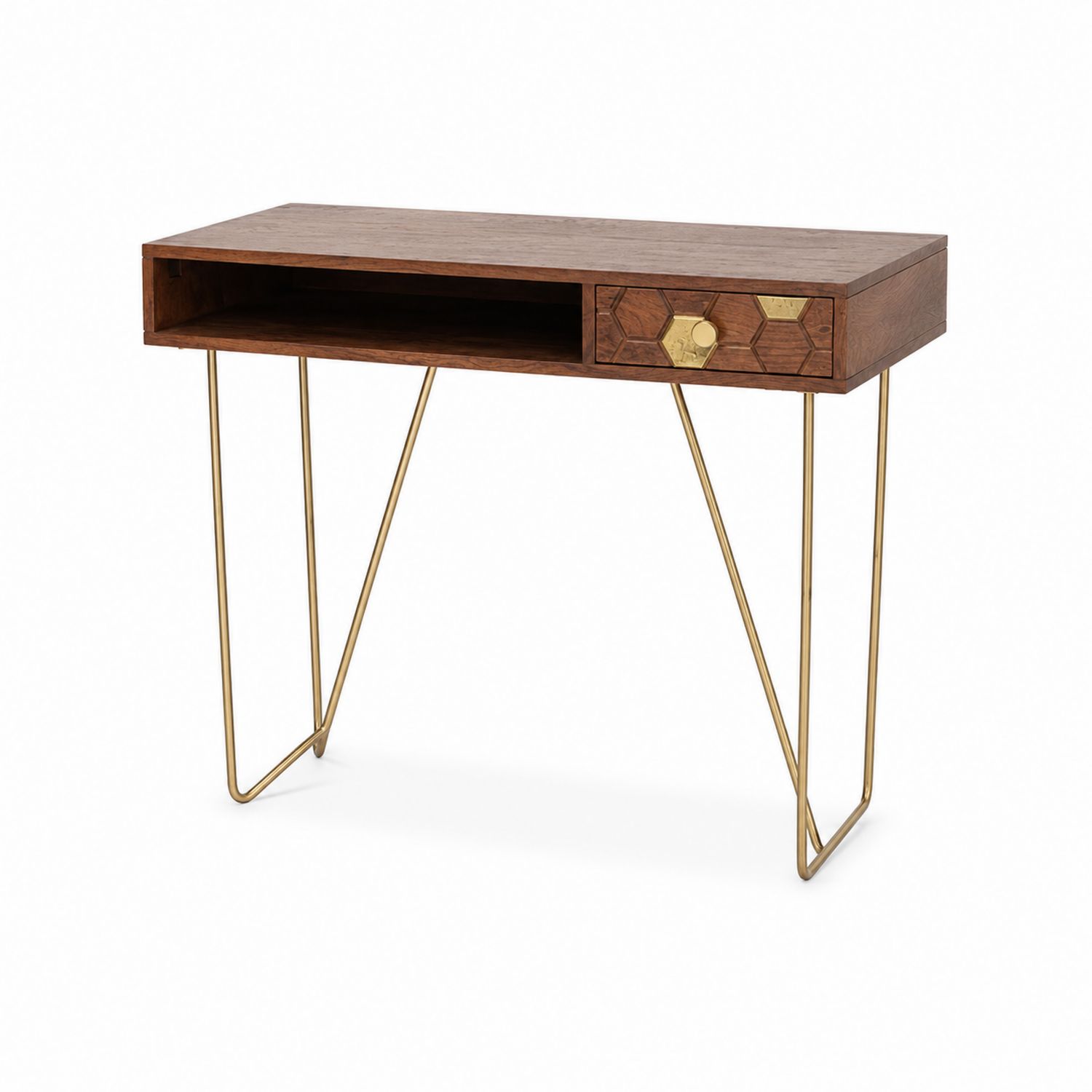 Schreibtisch aus Holz mit Messingbeinen Braun