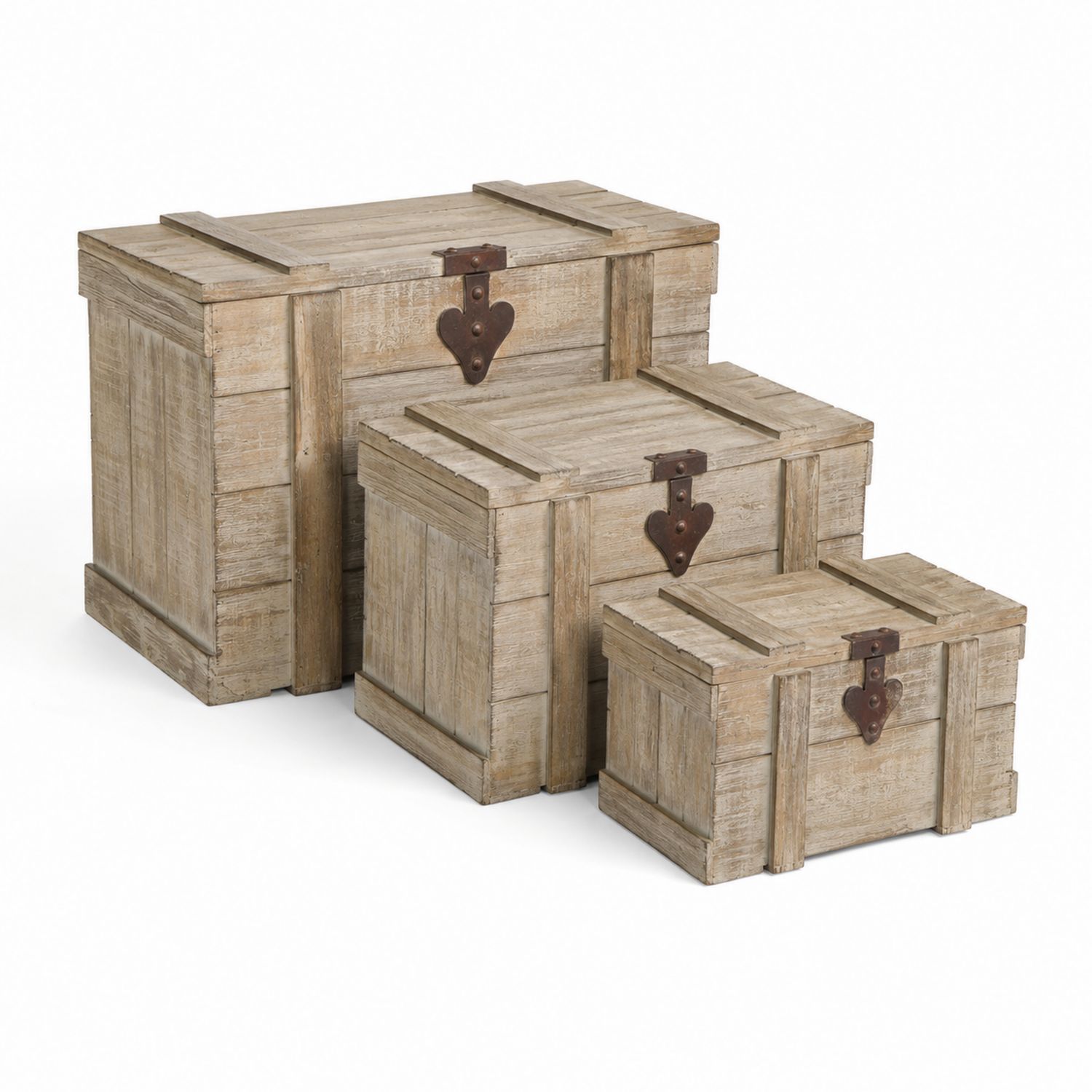 Satz von 3 Holztruhen mit Metallbeschlägen Eiche Natur