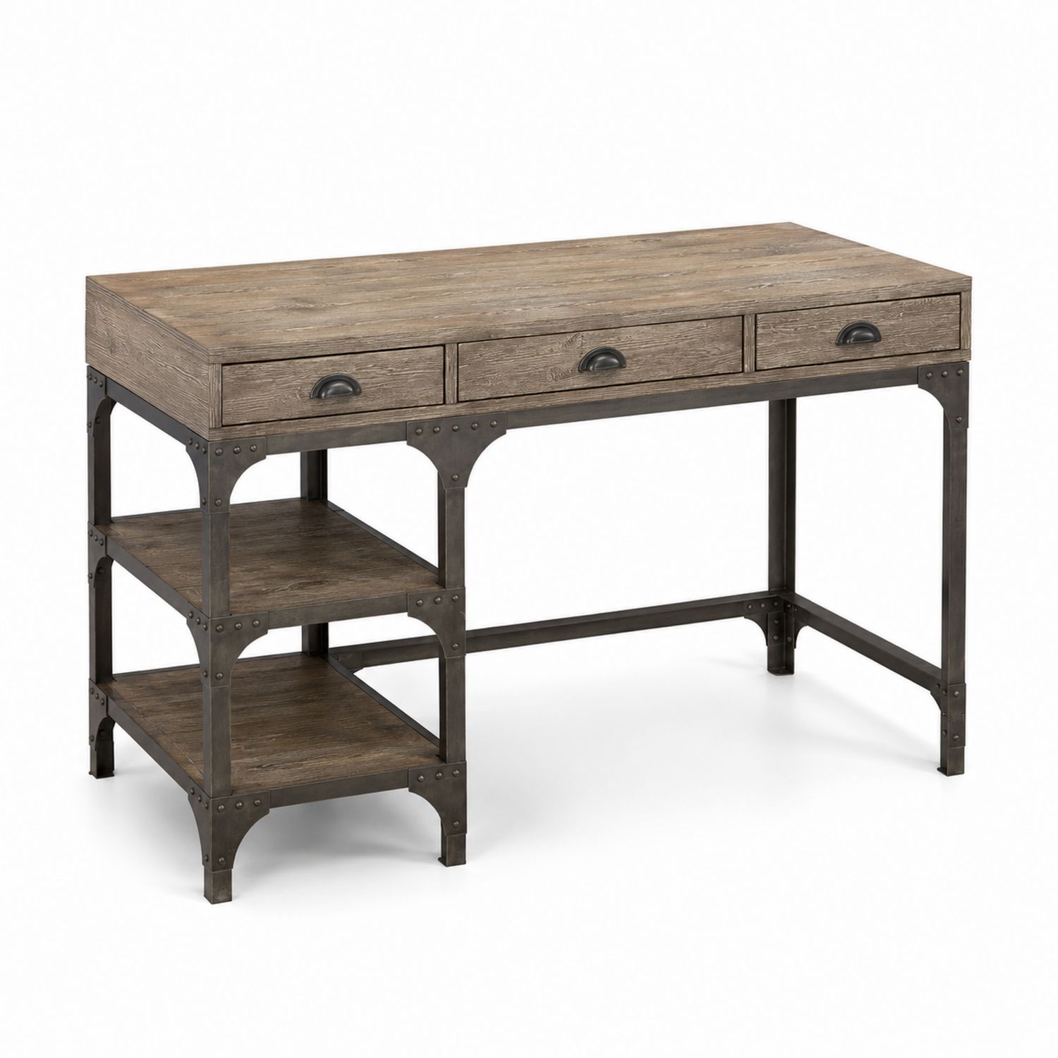 Schreibtisch aus Holz und Metall mit Regalen