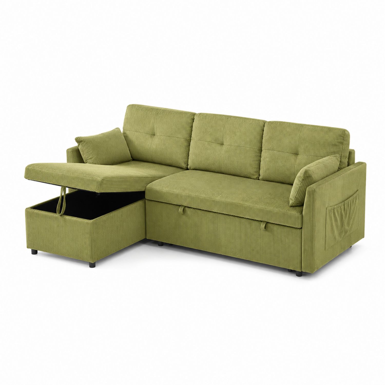 Ecksofa mit Schlaffunktion und Stauraum, L-Form, Cord, Grün