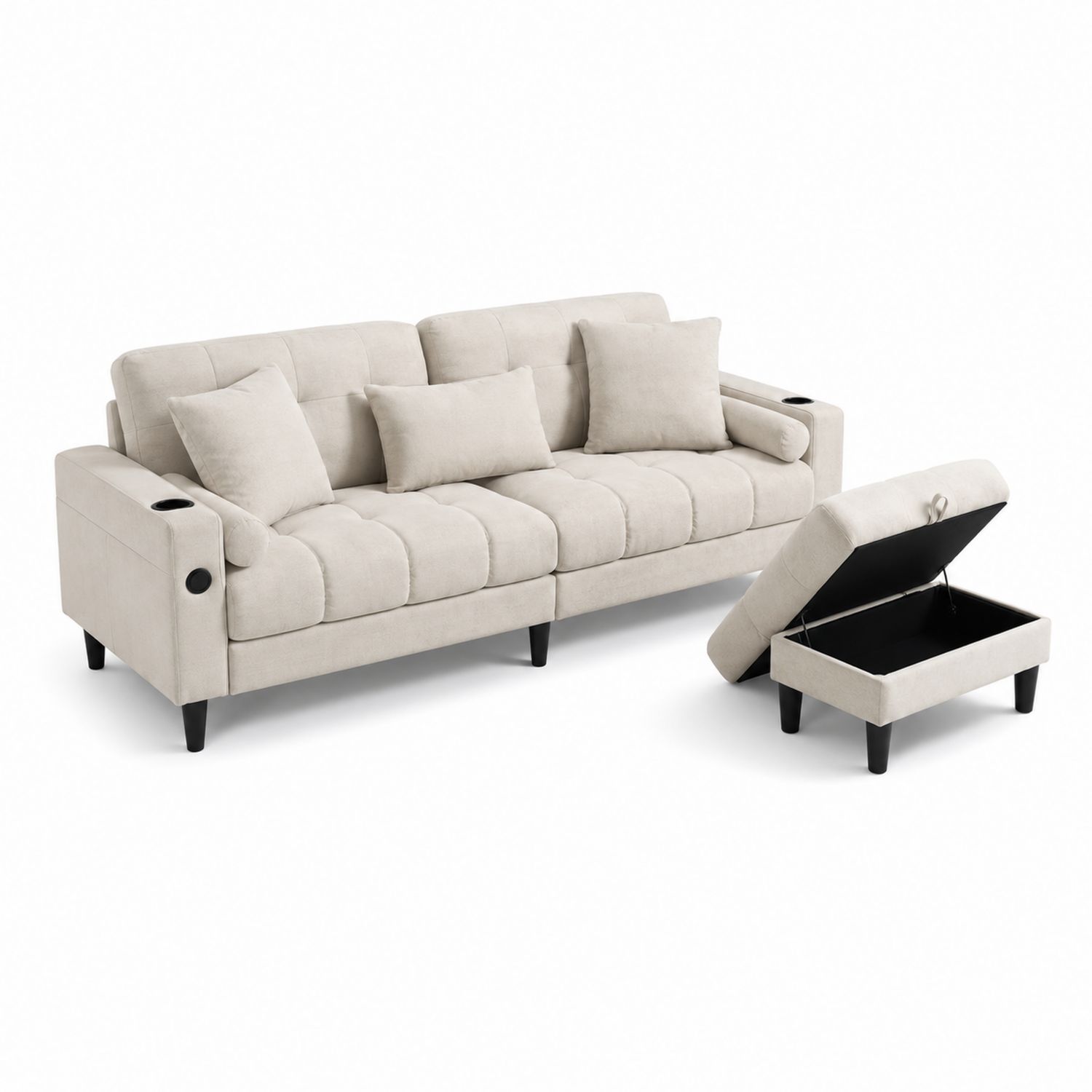 3-Sitzer Sofa mit Hocker und Stauraum Beige, Stoff-Asabirneo