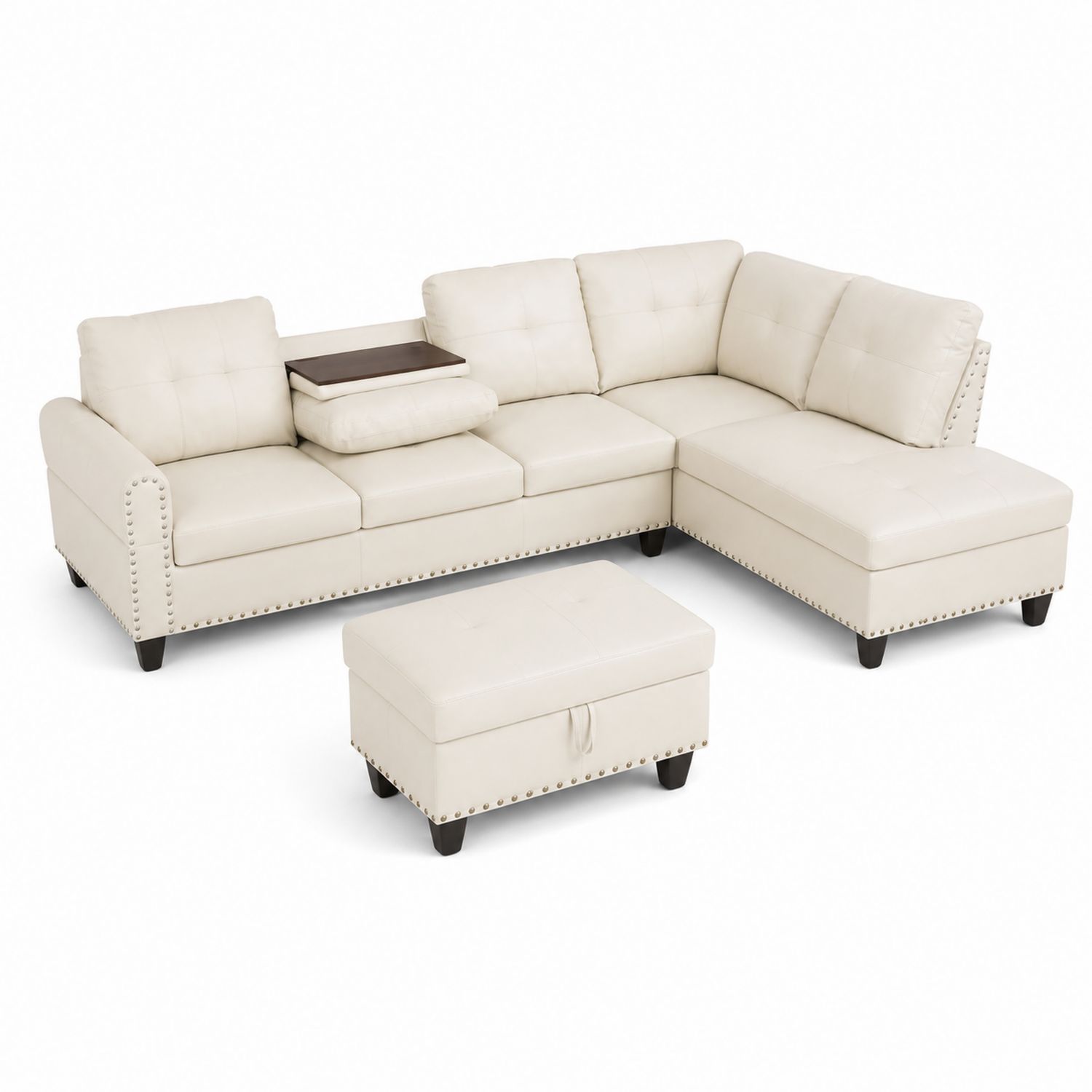 Ecksofa Set mit Hocker Leder Cremeweiß-Asabirneo