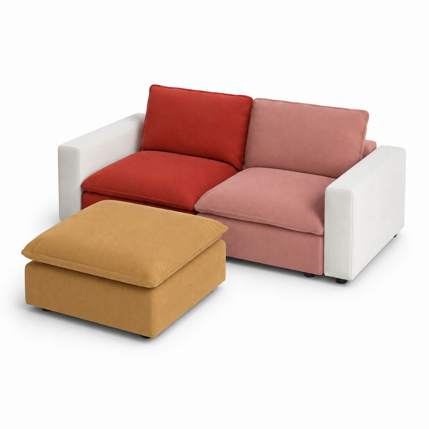 Ecksofa mit Ottomane aus Cordstoff, Rot/Pink/Weiß/Beige-Asabirneo