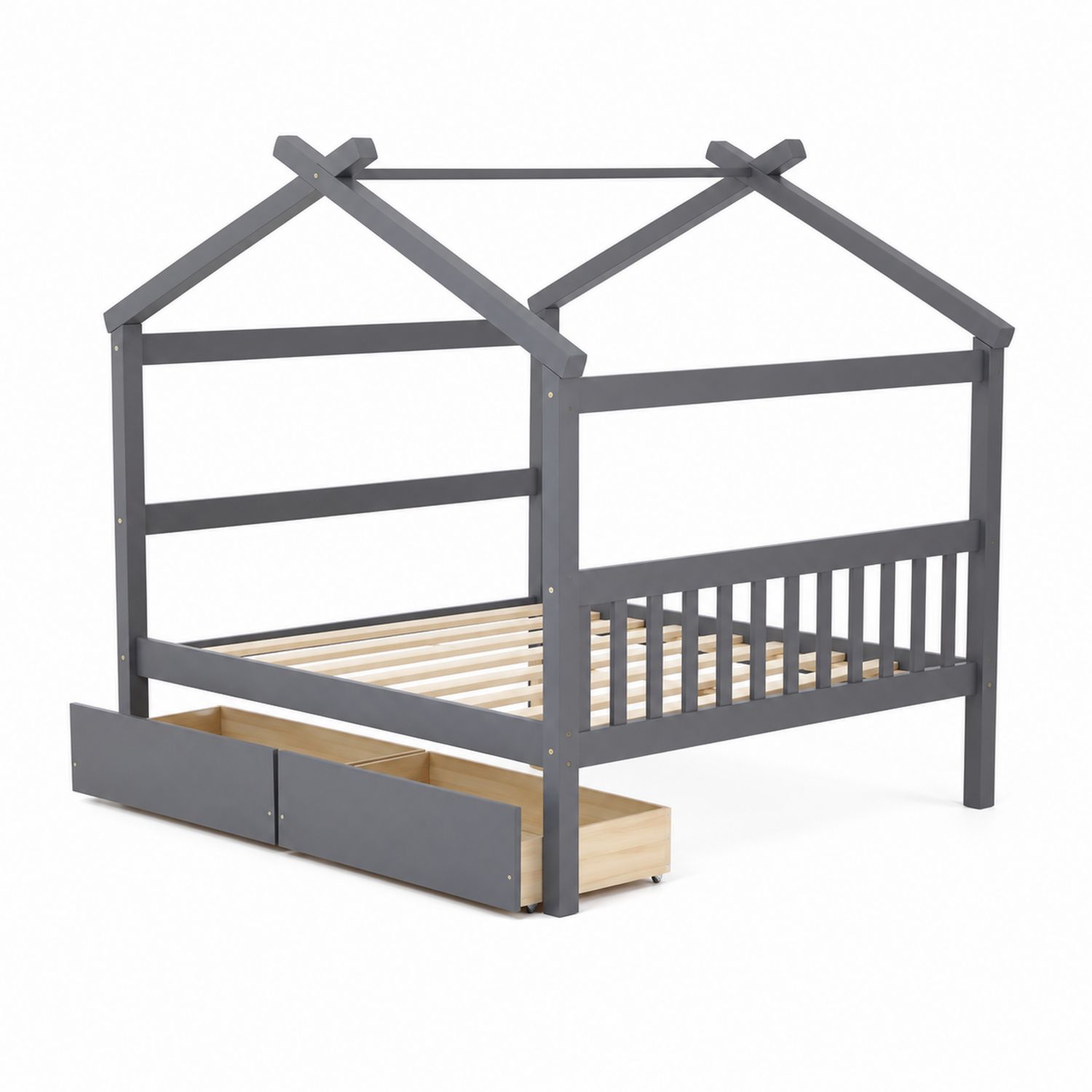 Kinderbett Hausform mit Schubladen Holz Grau 200x90 cm-Asabirneo