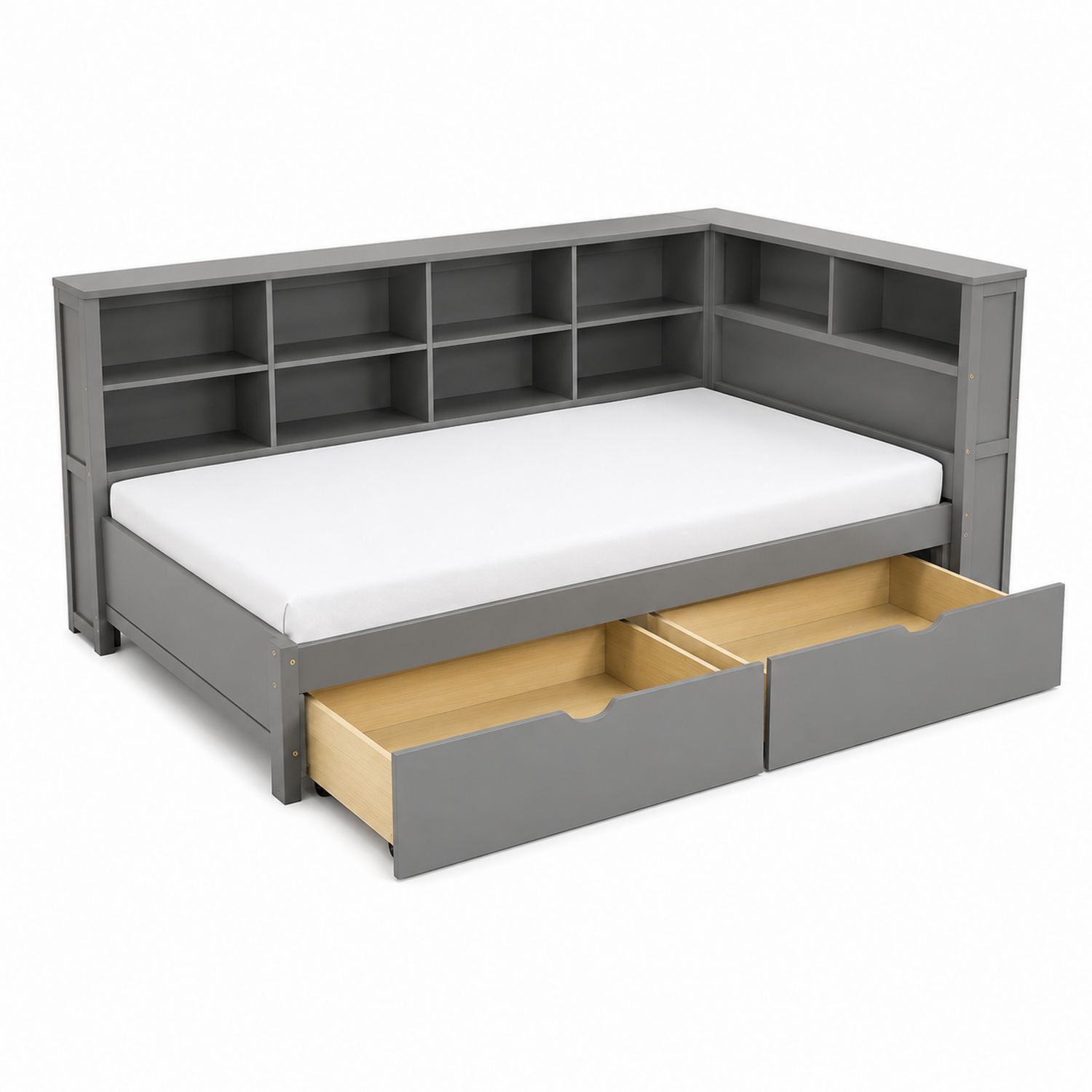 Eckbett mit Regal und Schubladen aus Holz Grau-Asabirneo