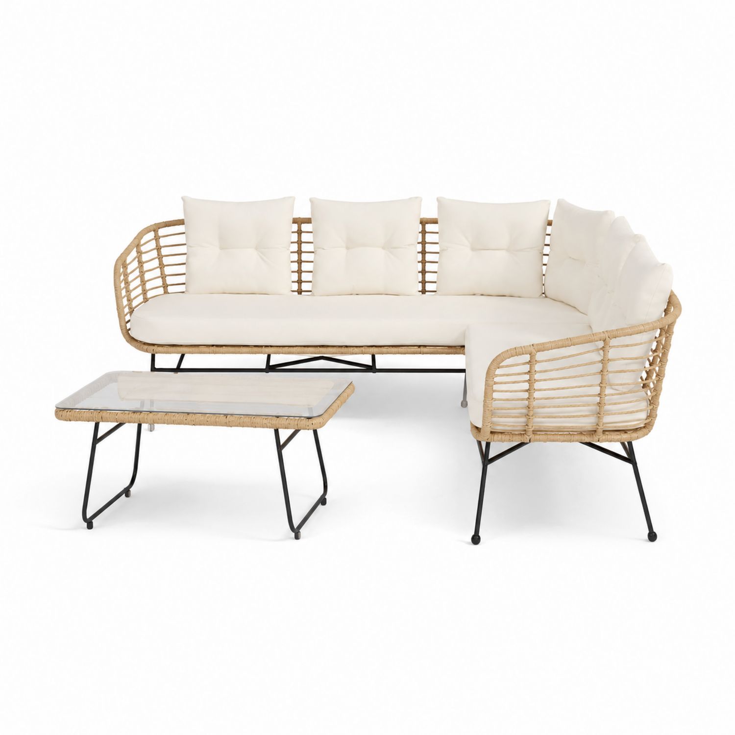 Rattan Outdoor-Sofa Set L-förmig Hellbraun mit Weißen Kissen-Asabirneo