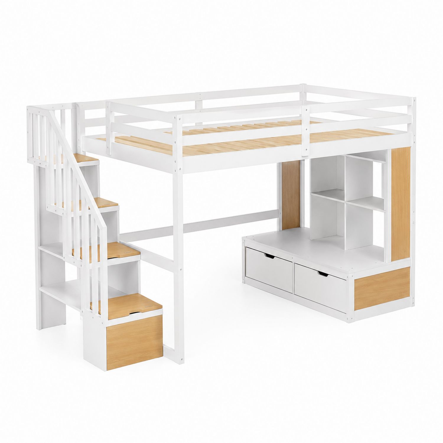 Holzbett mit Treppe und Stauraum aus Kiefernholz 200x90 cm Weiß/Natur-Asabirneo