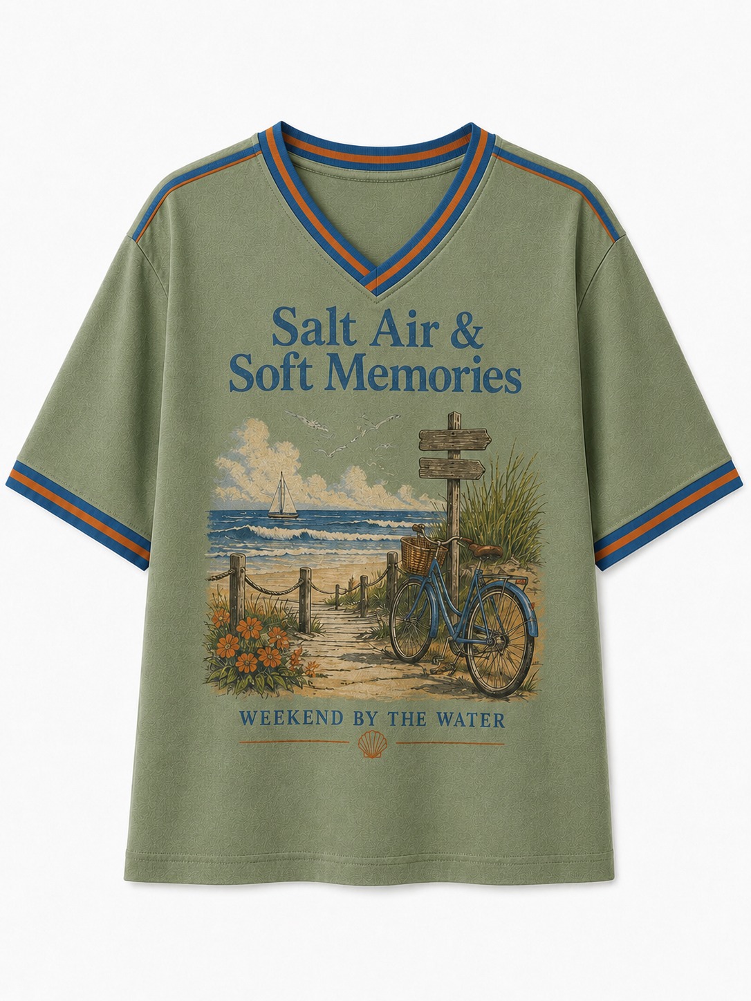 Salt Air & Soft Memories Seaside Bike V-Neck Tee
