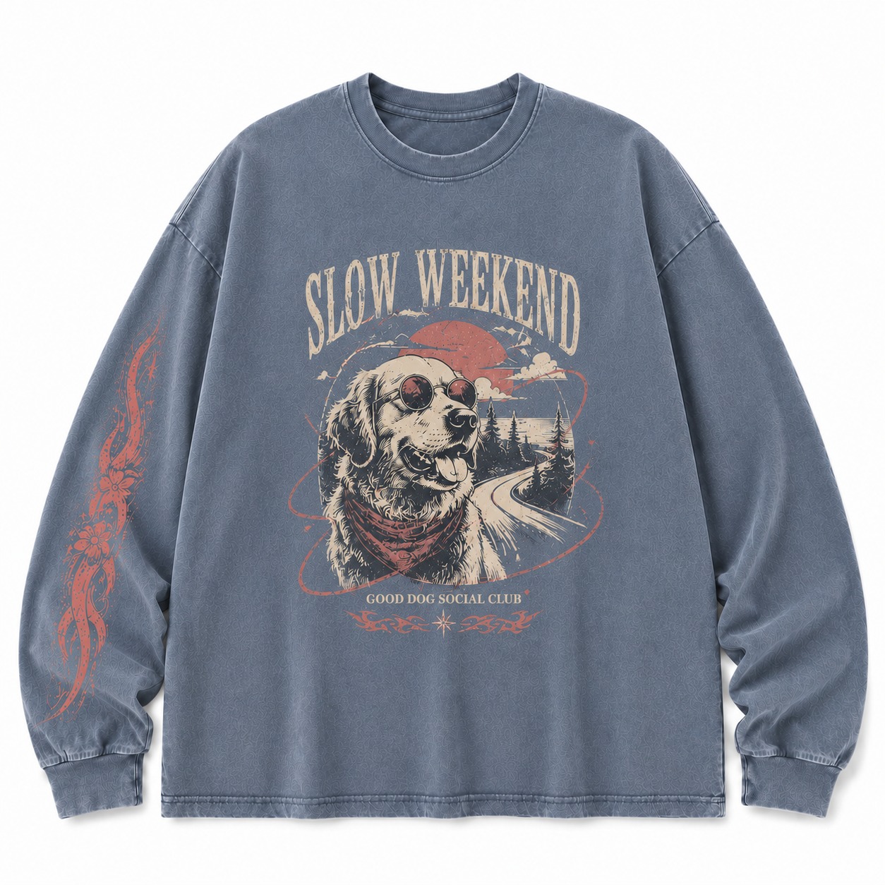 Slow Weekend Washed Dog Graphic Long Sleeve Shirt