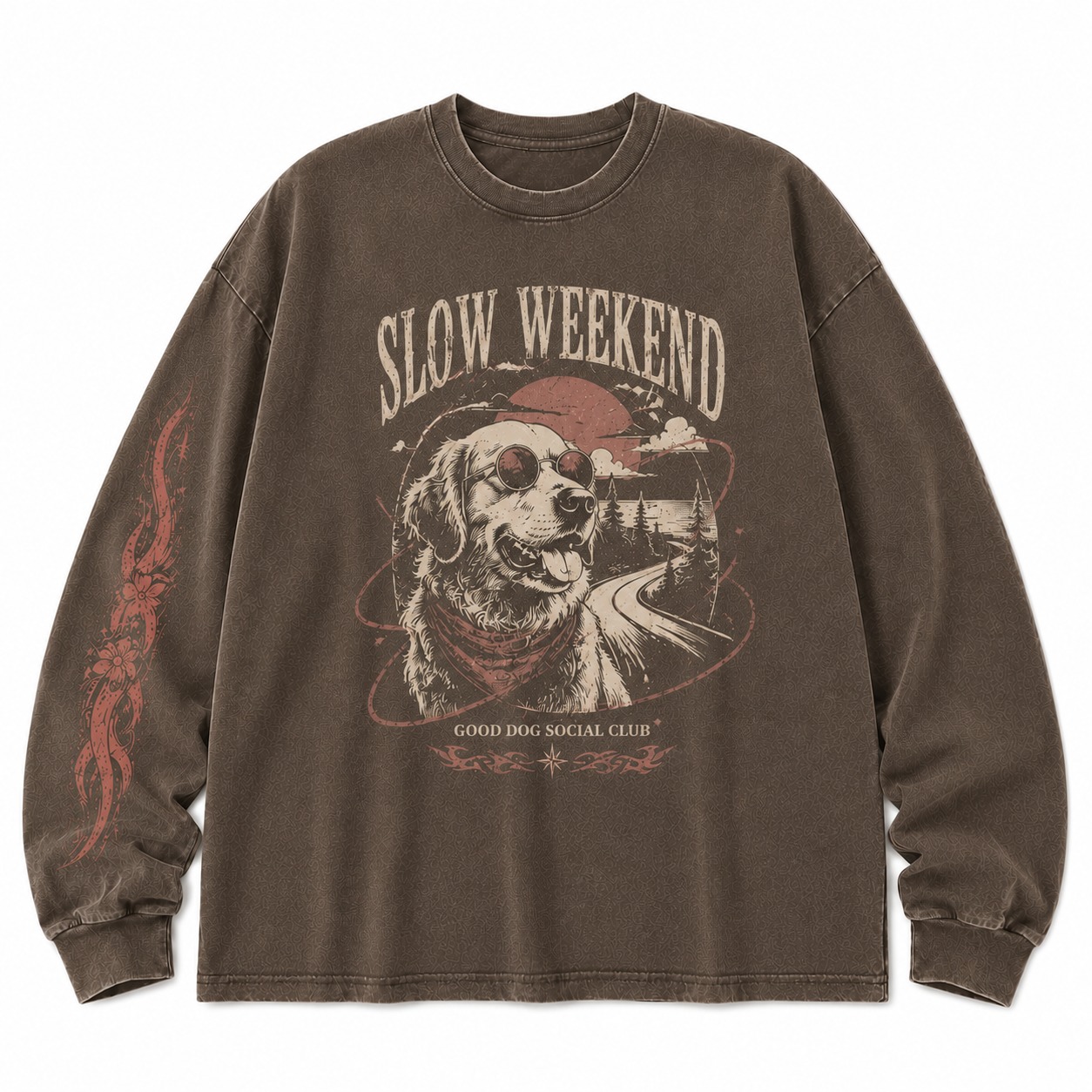 Slow Weekend Washed Dog Graphic Long Sleeve Shirt